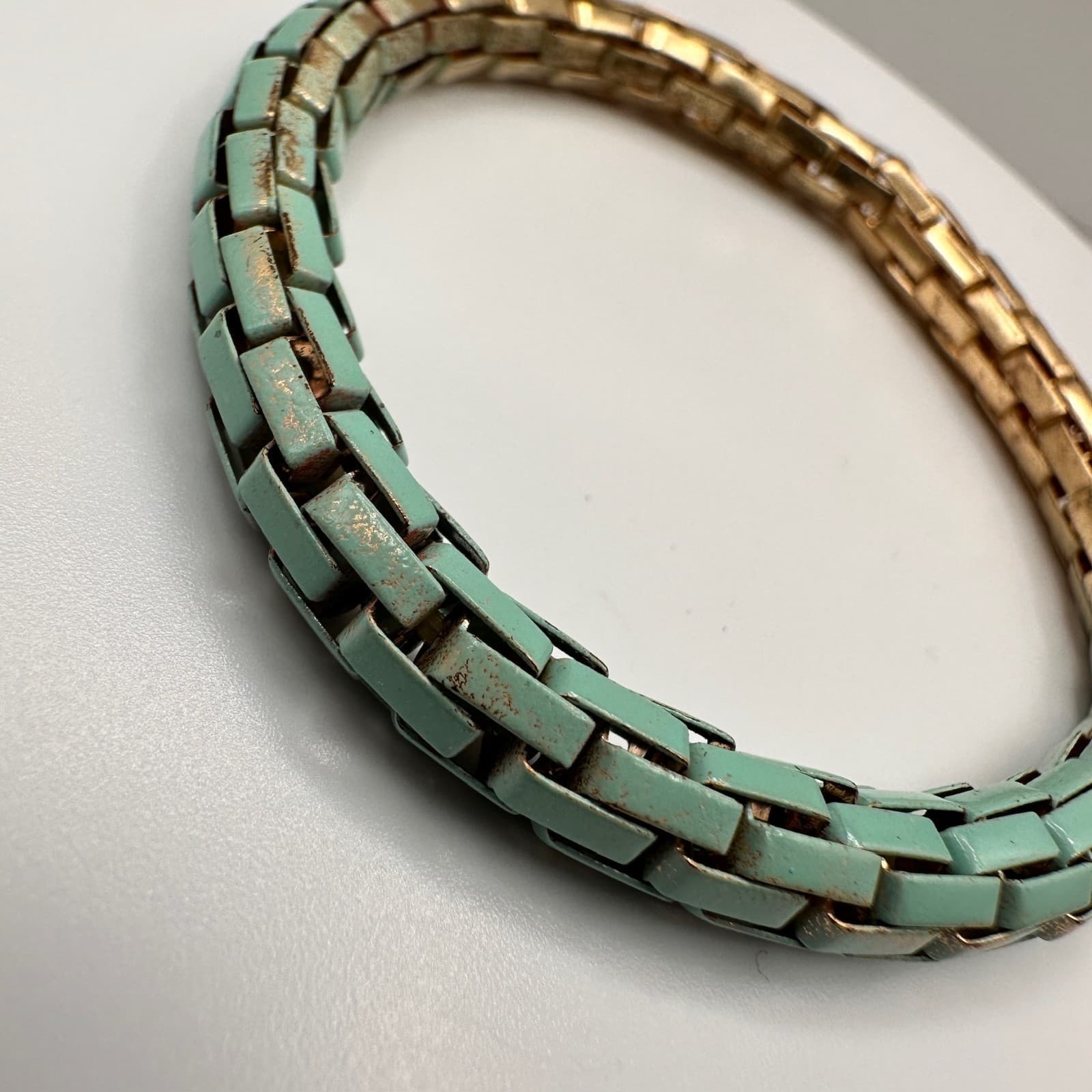Vintage Y2K Teal Gold Two-Tone Enamel Link Bracelet Chunky Statement Jewelry - Thumbnail 7