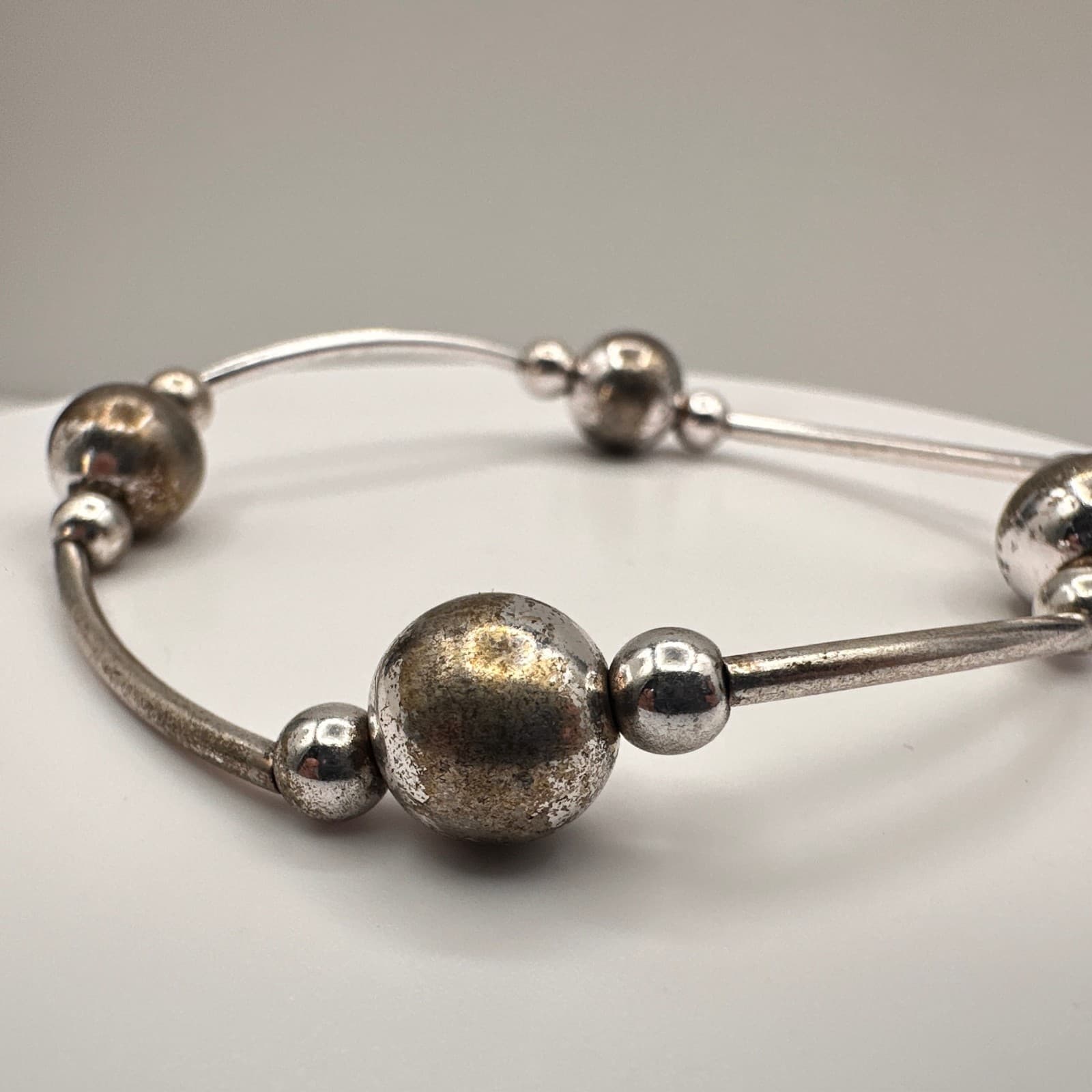 Vintage 60s Silver Tone Beaded Bracelet Boho Statement Women's Jewelry - Thumbnail 5