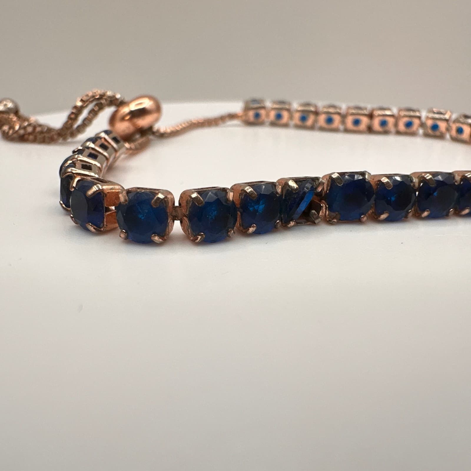 Vintage 90s Y2K Rose Gold Tone Blue Sapphire CZ Bolo Tennis Bracelet Adjustable - Thumbnail 3