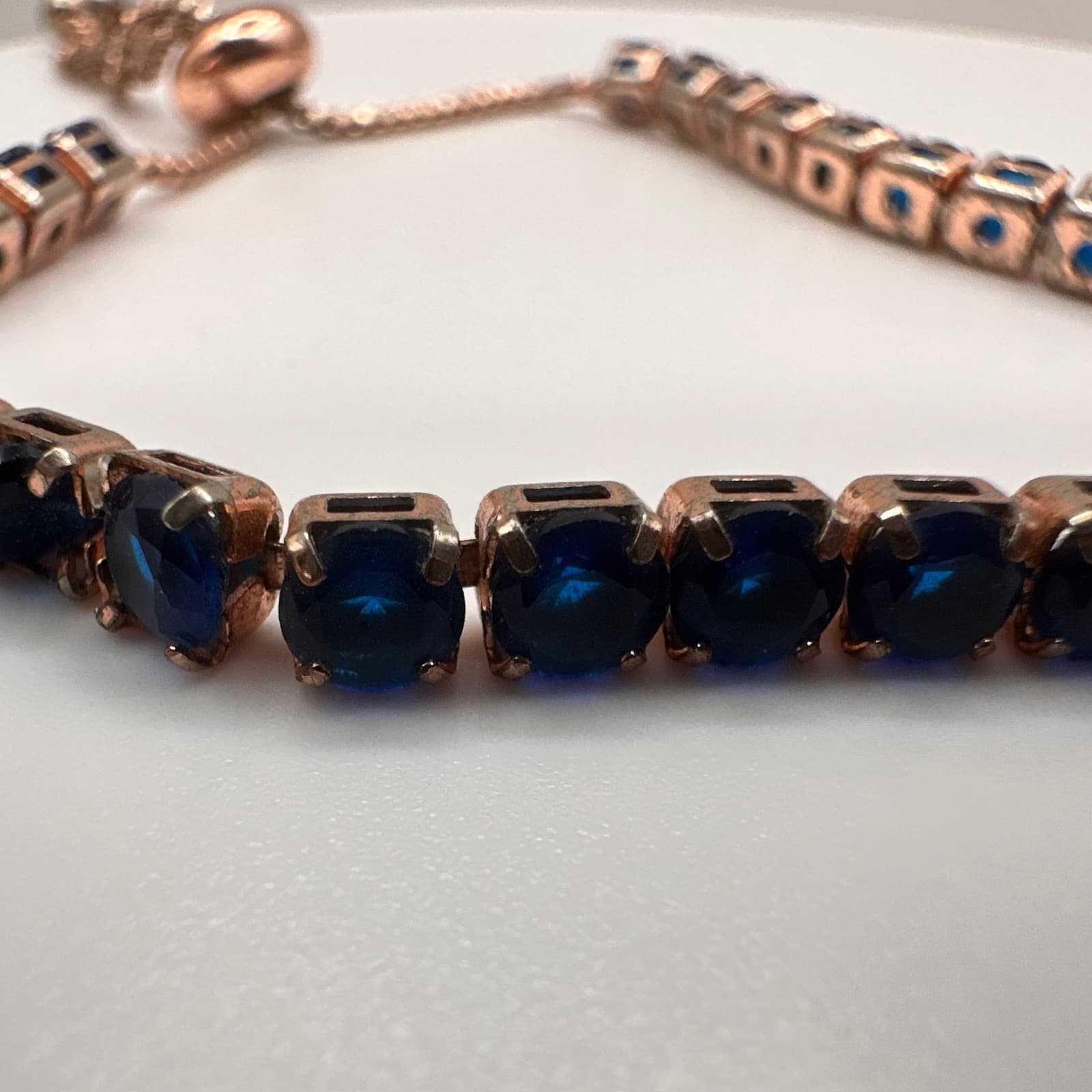 Vintage 90s Y2K Rose Gold Tone Blue Sapphire CZ Bolo Tennis Bracelet Adjustable - Thumbnail 5