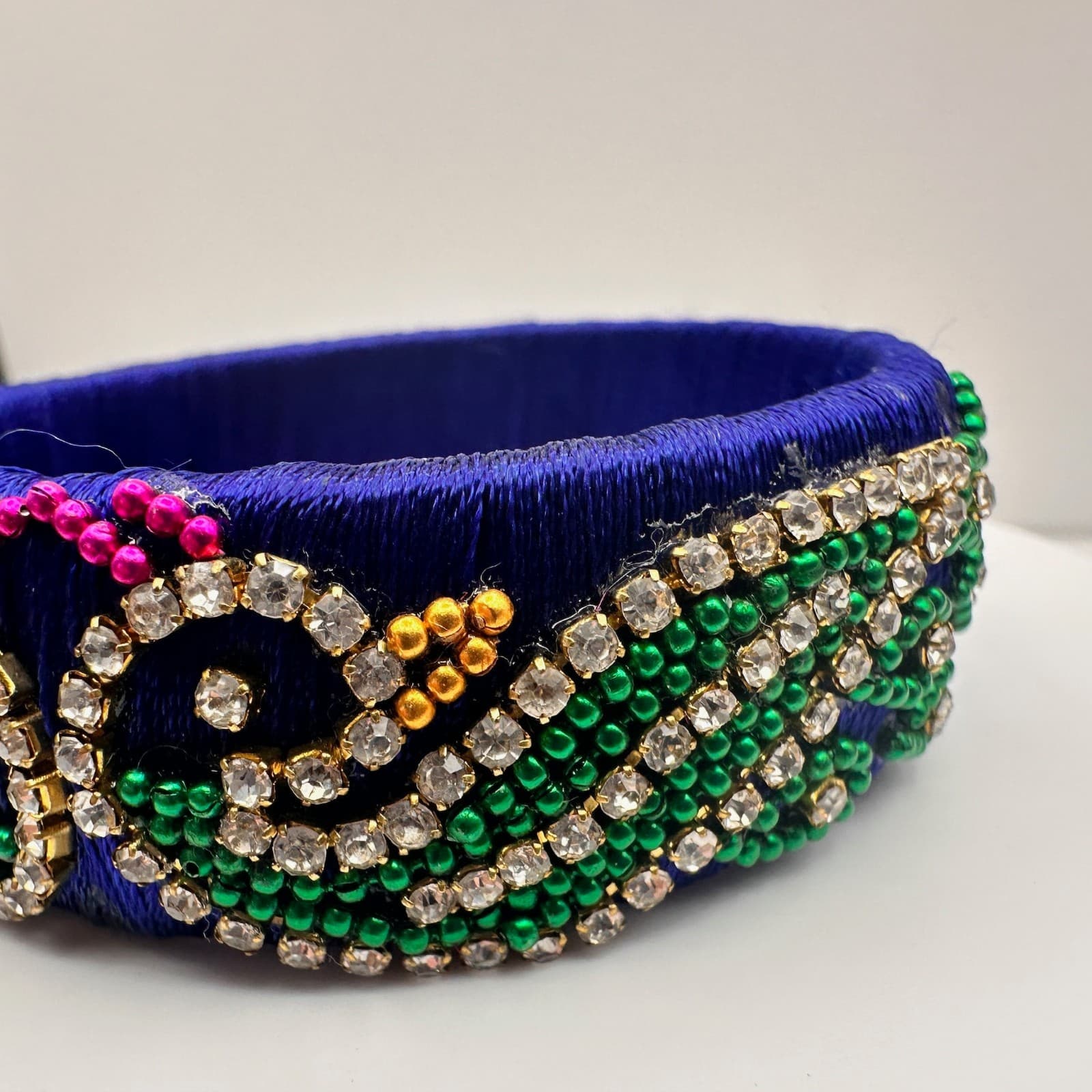 Vintage 90s Silk Thread Bangle Royal Blue Rhinestone Bracelet Bead Peacock Motif - Thumbnail 8