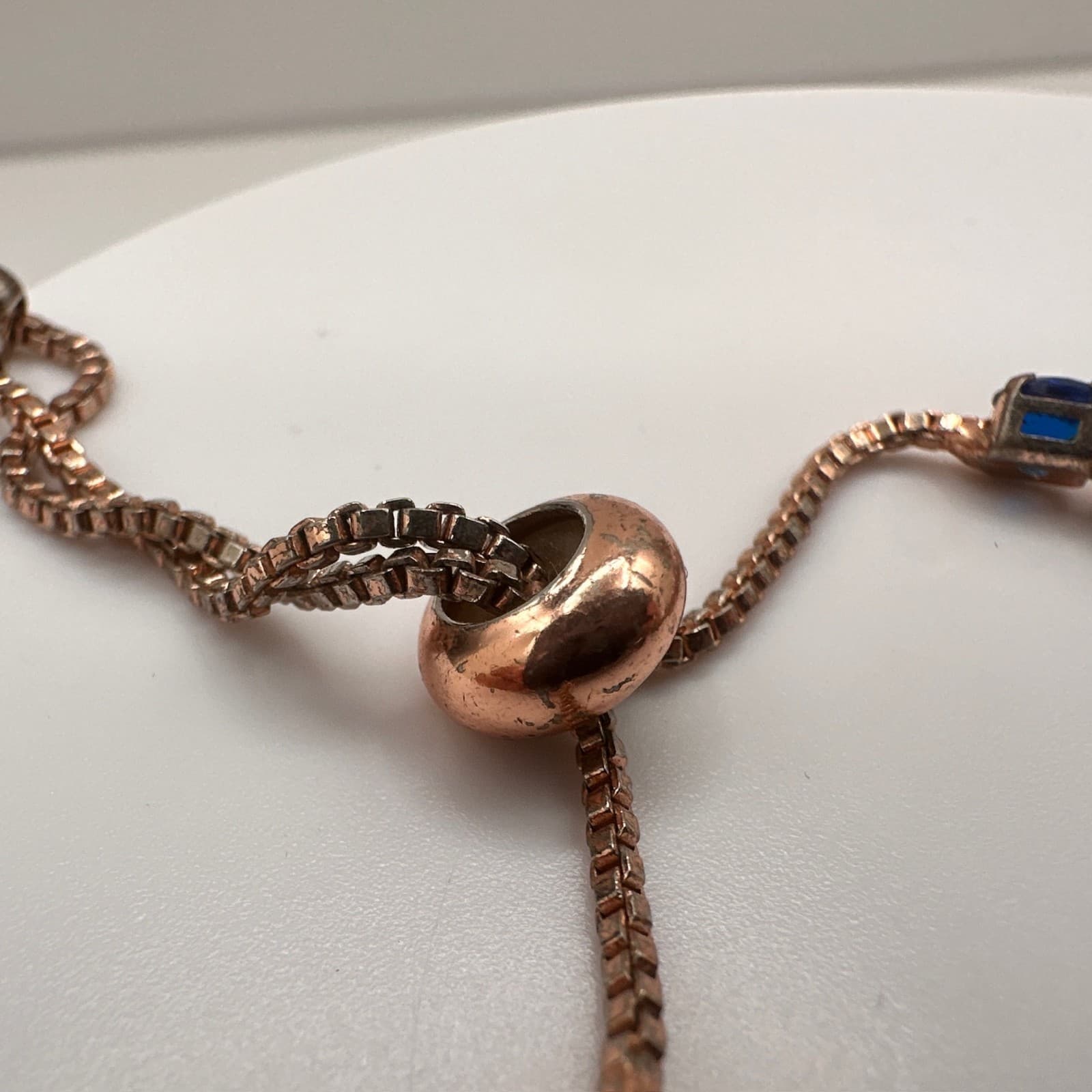 Vintage 90s Y2K Rose Gold Tone Blue Sapphire CZ Bolo Tennis Bracelet Adjustable - Thumbnail 9
