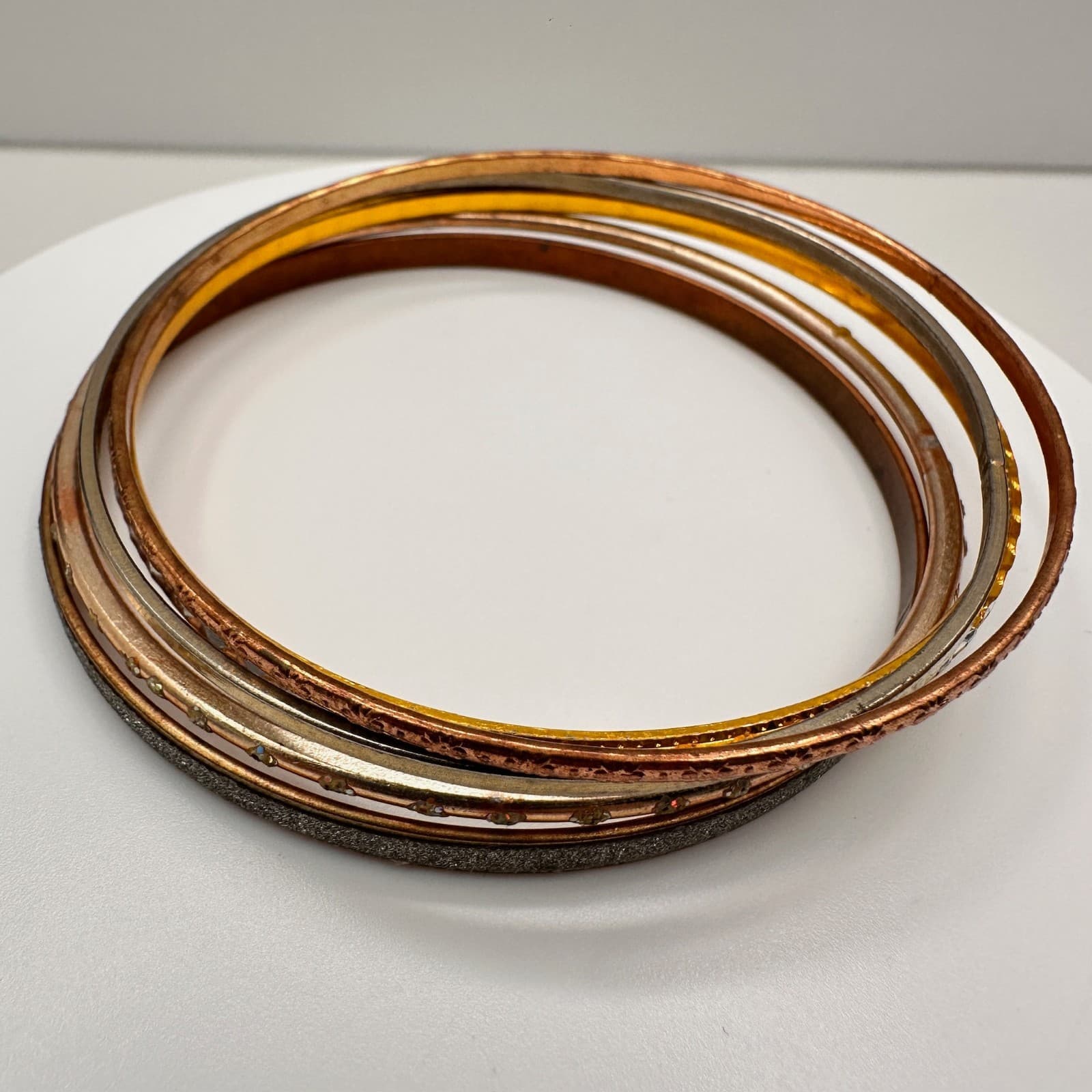 Vintage 80s Mixed Metal Thin Stackable Bangles Set Bracelets Bohemian Jewelry - Image 1