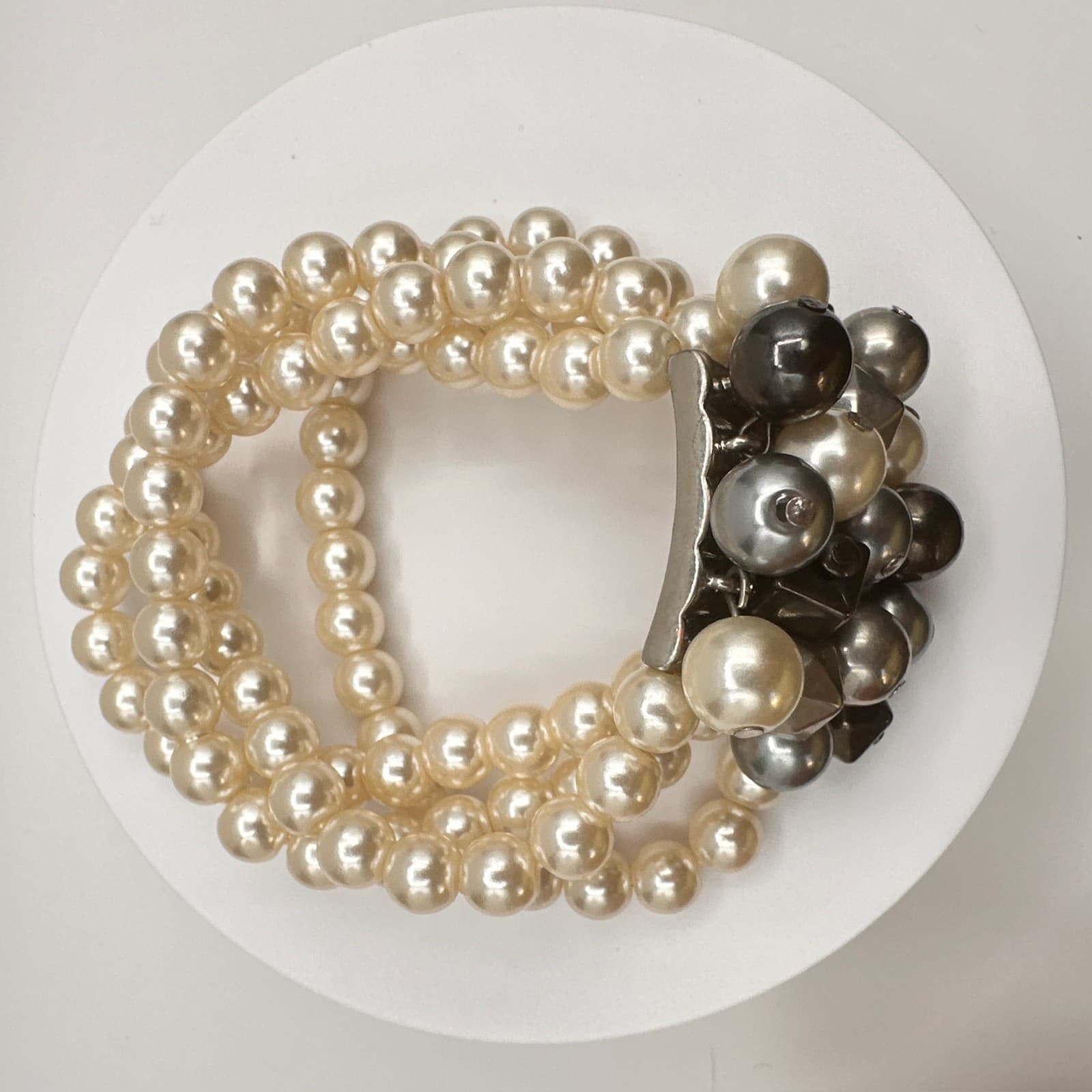 Vintage 90s Faux Pearl Cluster Mixed-Bead Stretch Bracelet Silver Tone Jewelry - Thumbnail 8