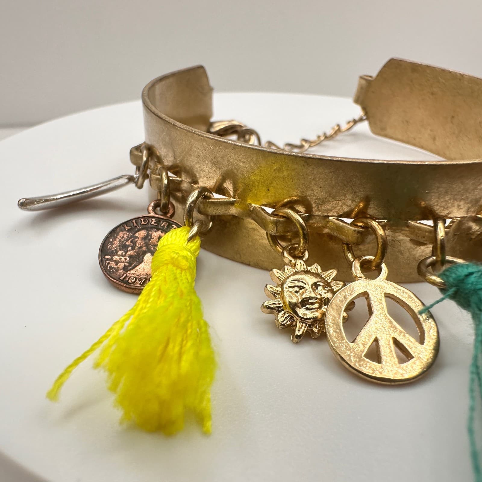 Vintage 90s Boho Gold Tone Hand Bracelet Charms Tassels Peace Sun Coins Jewelry - Thumbnail 3