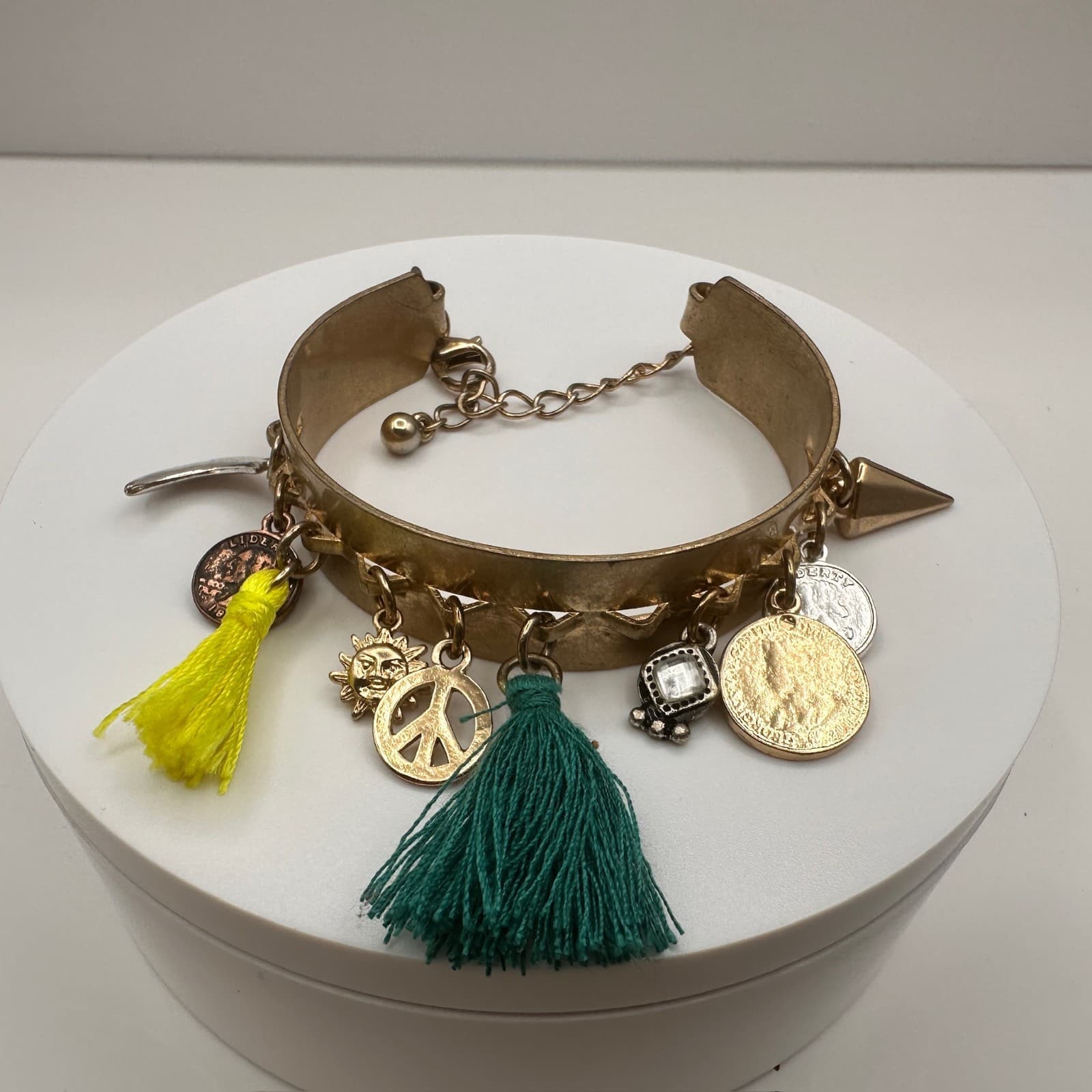 Vintage 90s Boho Gold Tone Hand Bracelet Charms Tassels Peace Sun Coins Jewelry - Image 1