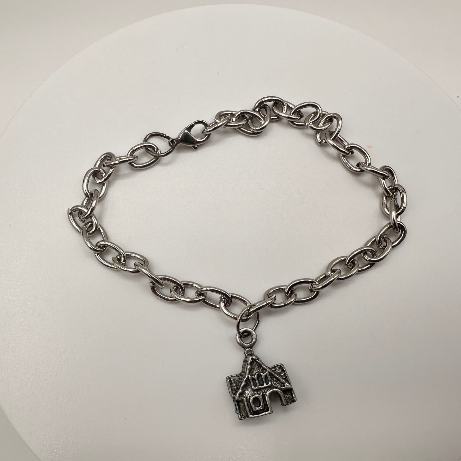 Vintage 80s Silver Tone Statement Church House Charm Bracelet Estate Jewelry - Thumbnail 7