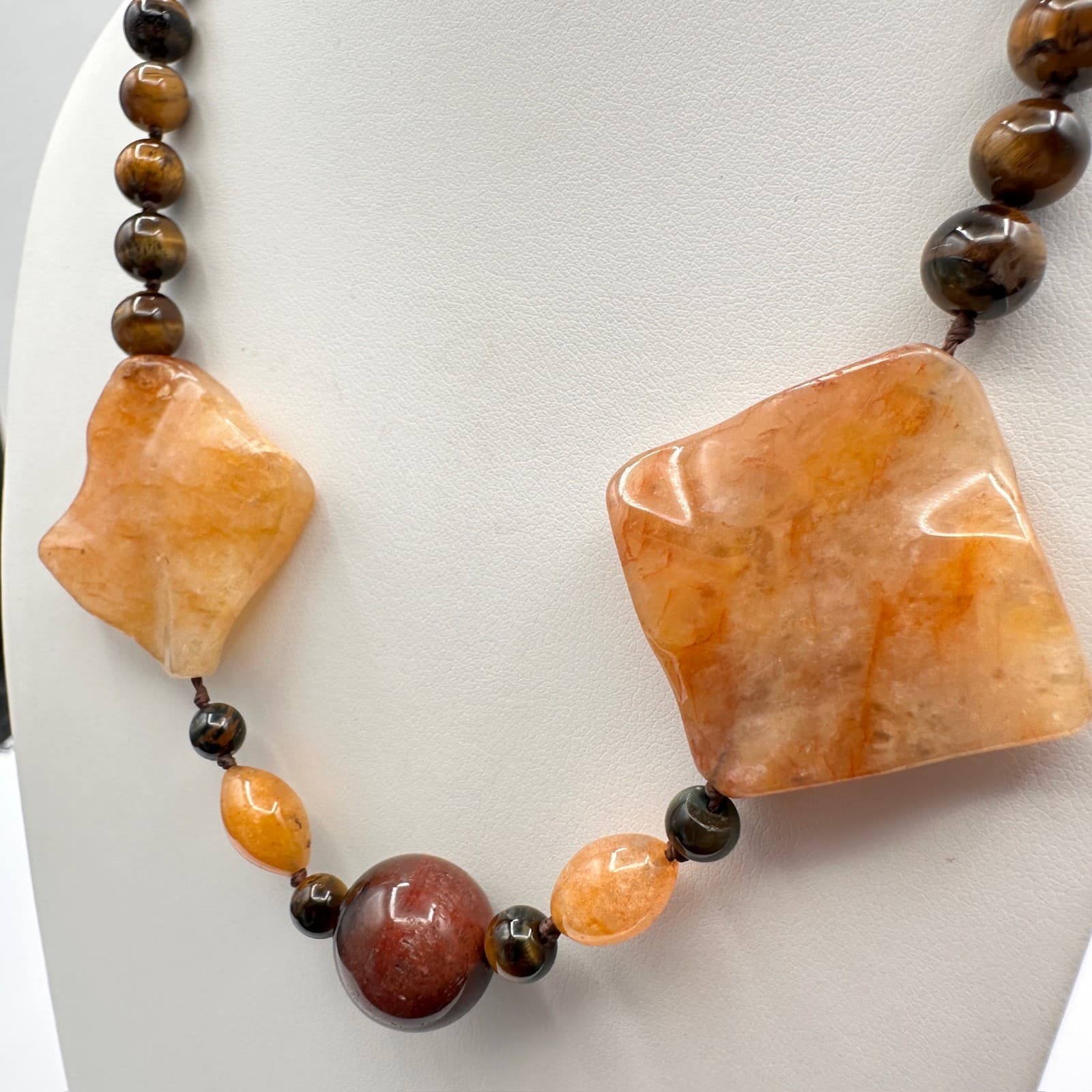 Vintage 80s Chunky Agate Tiger Stone Bead Statement Necklace Women's Jewelry - Thumbnail 11