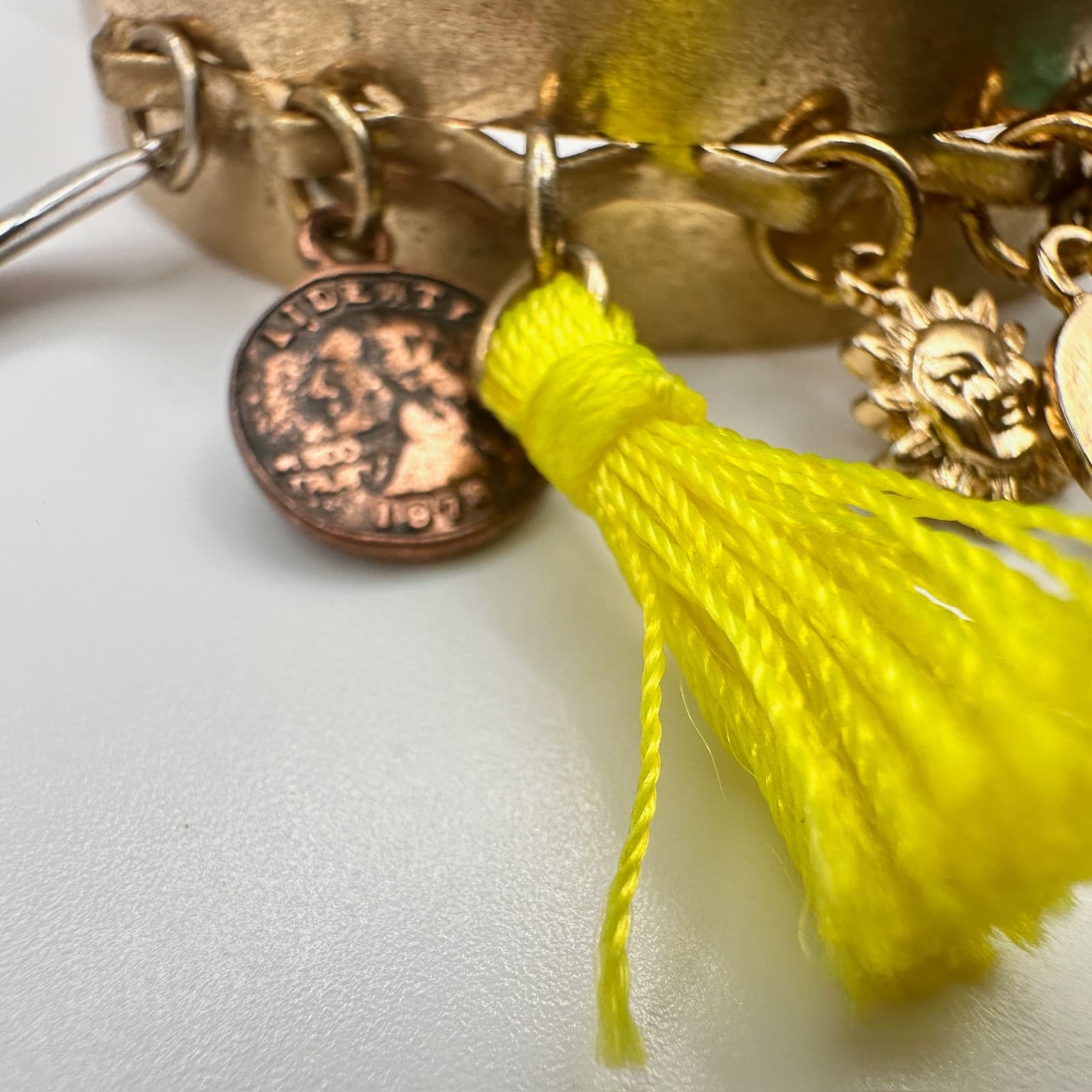Vintage 90s Boho Gold Tone Hand Bracelet Charms Tassels Peace Sun Coins Jewelry - Thumbnail 10
