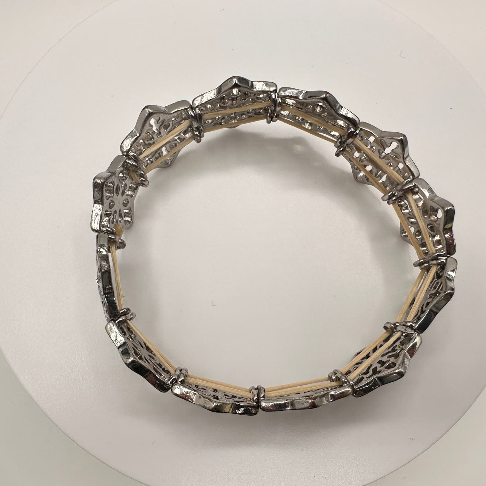 Vintage Y2K Silver Tone Filigree Stretch Link Bracelet Clear Rhinestone Jewelry - Thumbnail 4