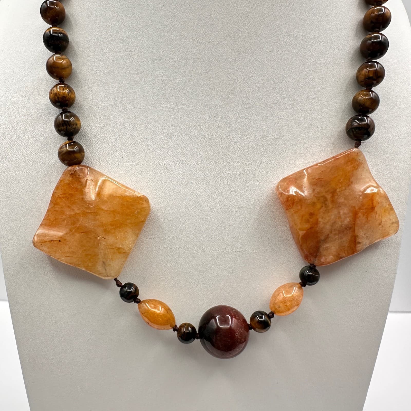 Vintage 80s Chunky Agate Tiger Stone Bead Statement Necklace Women's Jewelry - Thumbnail 8