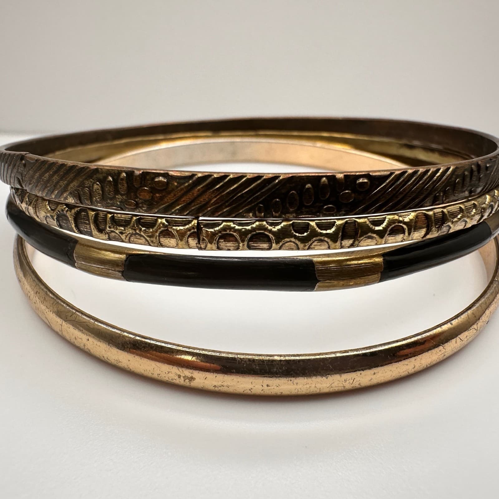 Vintage 80s Mixed Metal Twisted Bangle Bracelets Set Bohemian Boohoo Jewelry - Thumbnail 2