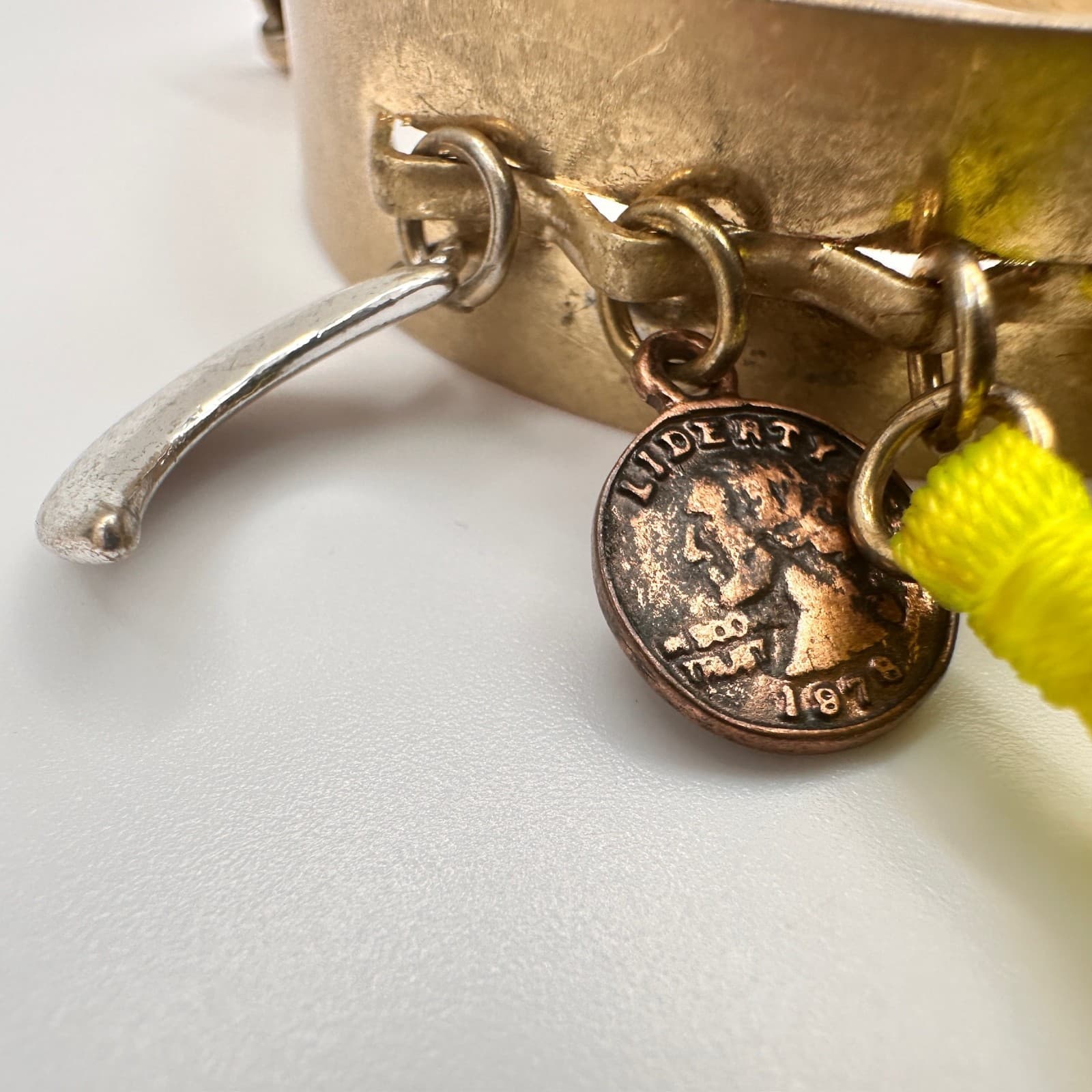 Vintage 90s Boho Gold Tone Hand Bracelet Charms Tassels Peace Sun Coins Jewelry - Thumbnail 9