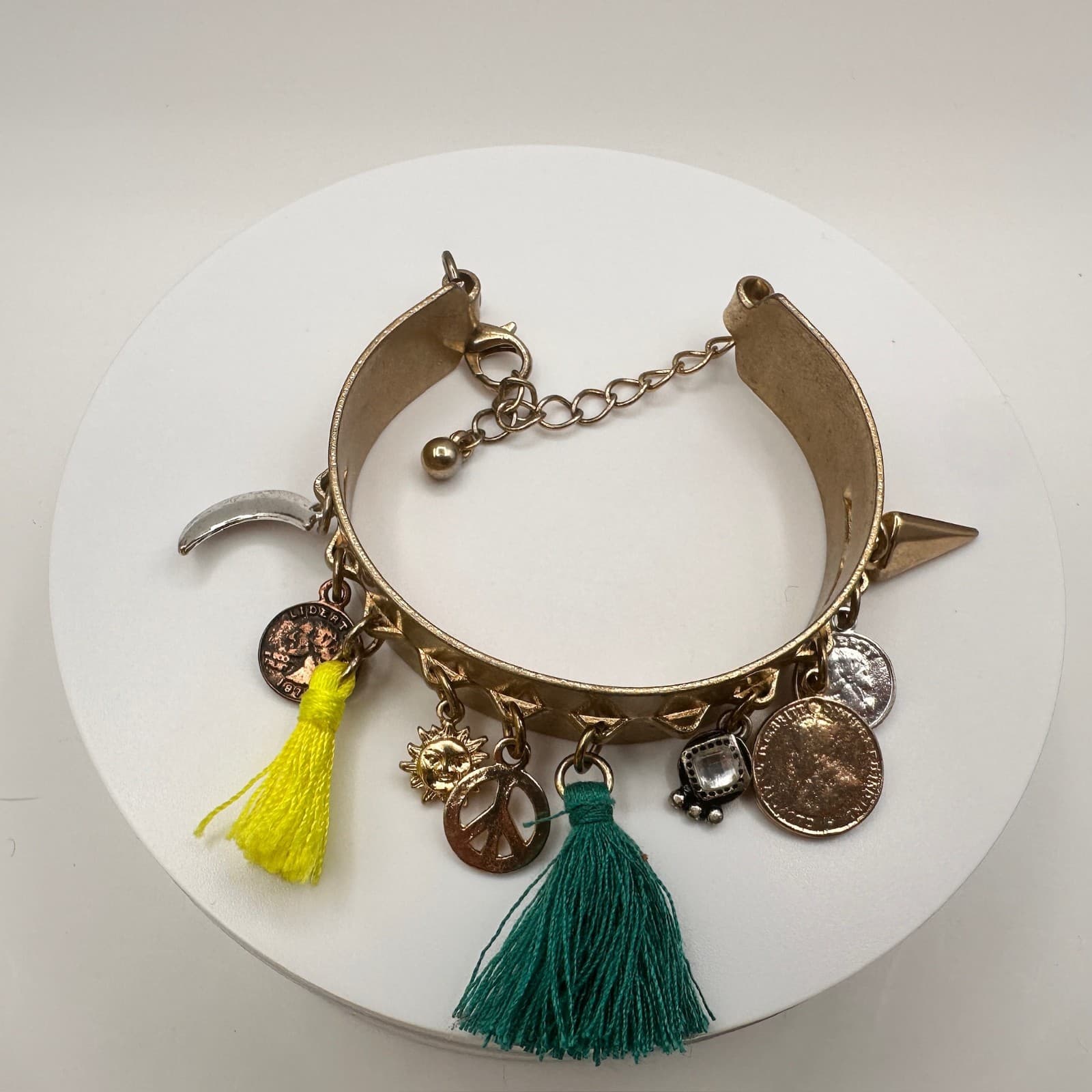Vintage 90s Boho Gold Tone Hand Bracelet Charms Tassels Peace Sun Coins Jewelry - Thumbnail 2