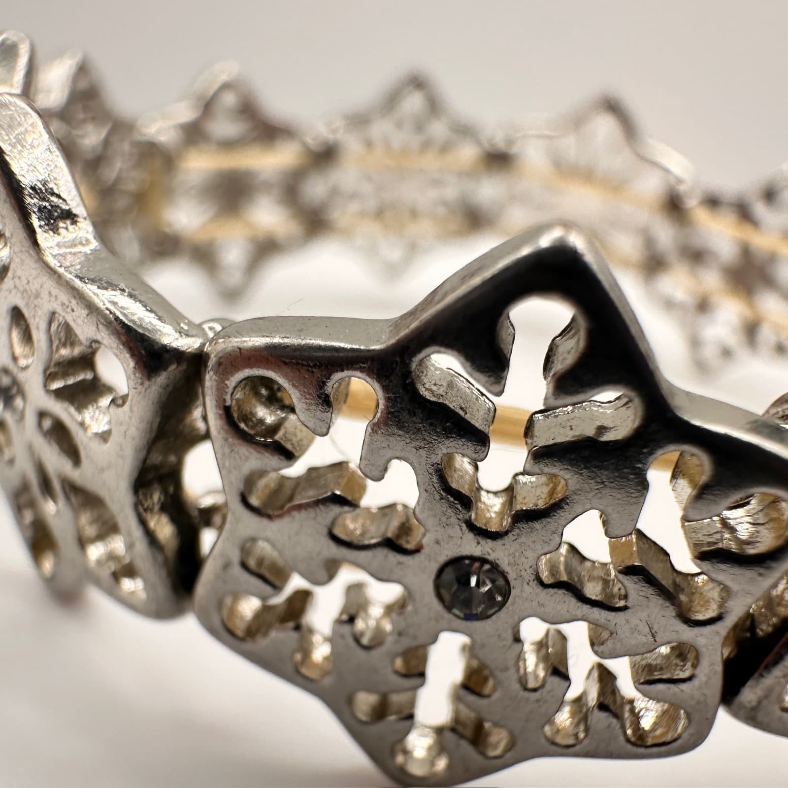 Vintage Y2K Silver Tone Filigree Stretch Link Bracelet Clear Rhinestone Jewelry - Thumbnail 7