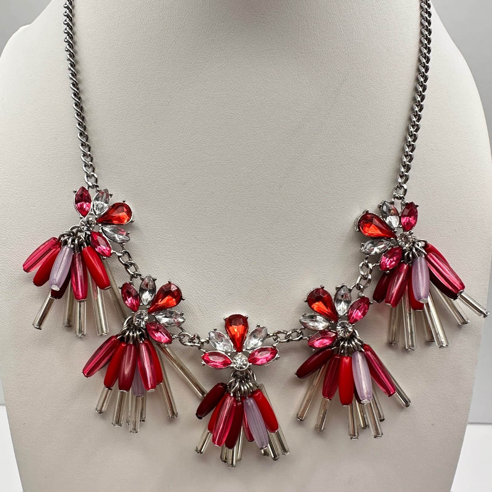 Vintage 80s Style Red Pink Bead Statement Collar Choker Necklace Jewelry - Thumbnail 8