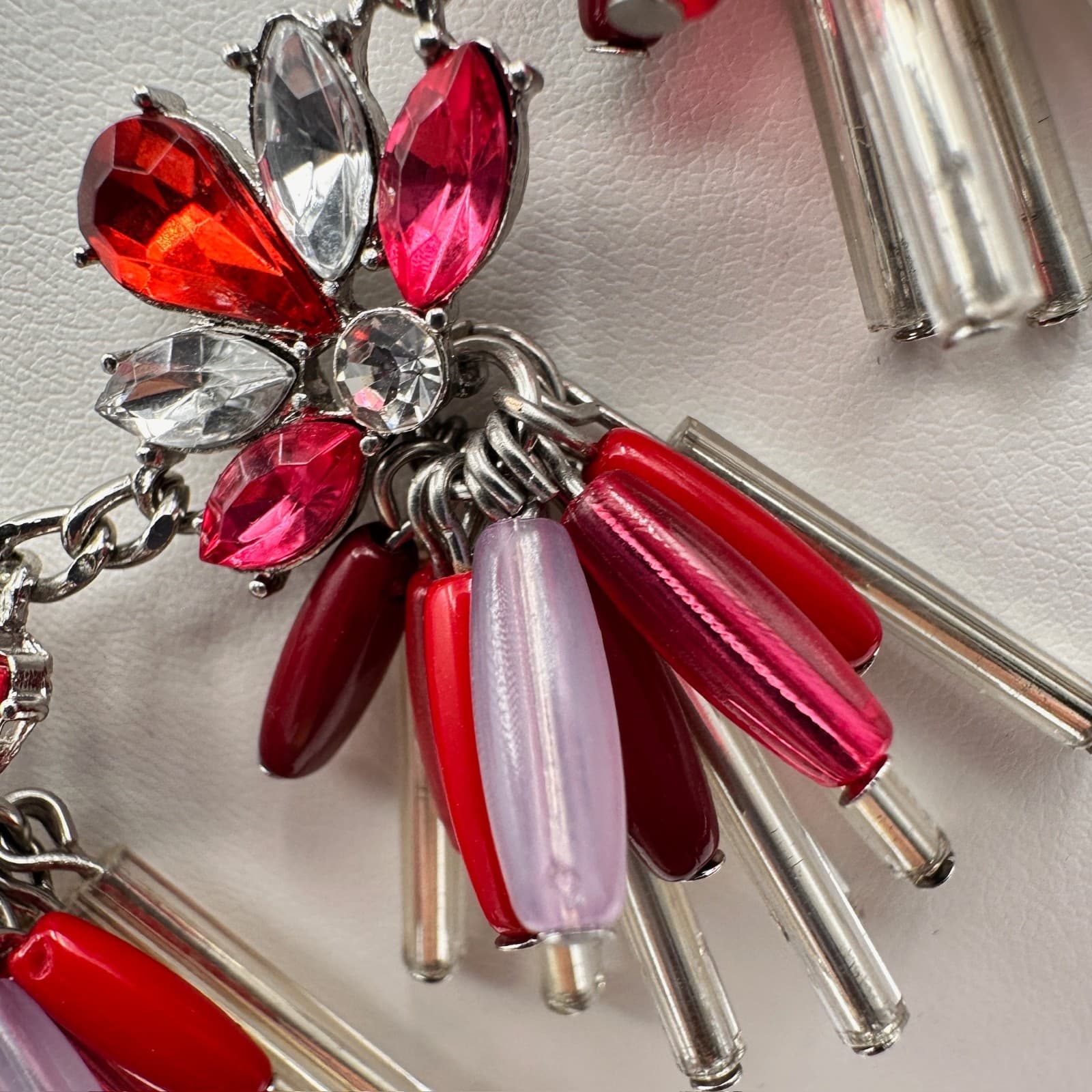 Vintage 80s Style Red Pink Bead Statement Collar Choker Necklace Jewelry - Thumbnail 5