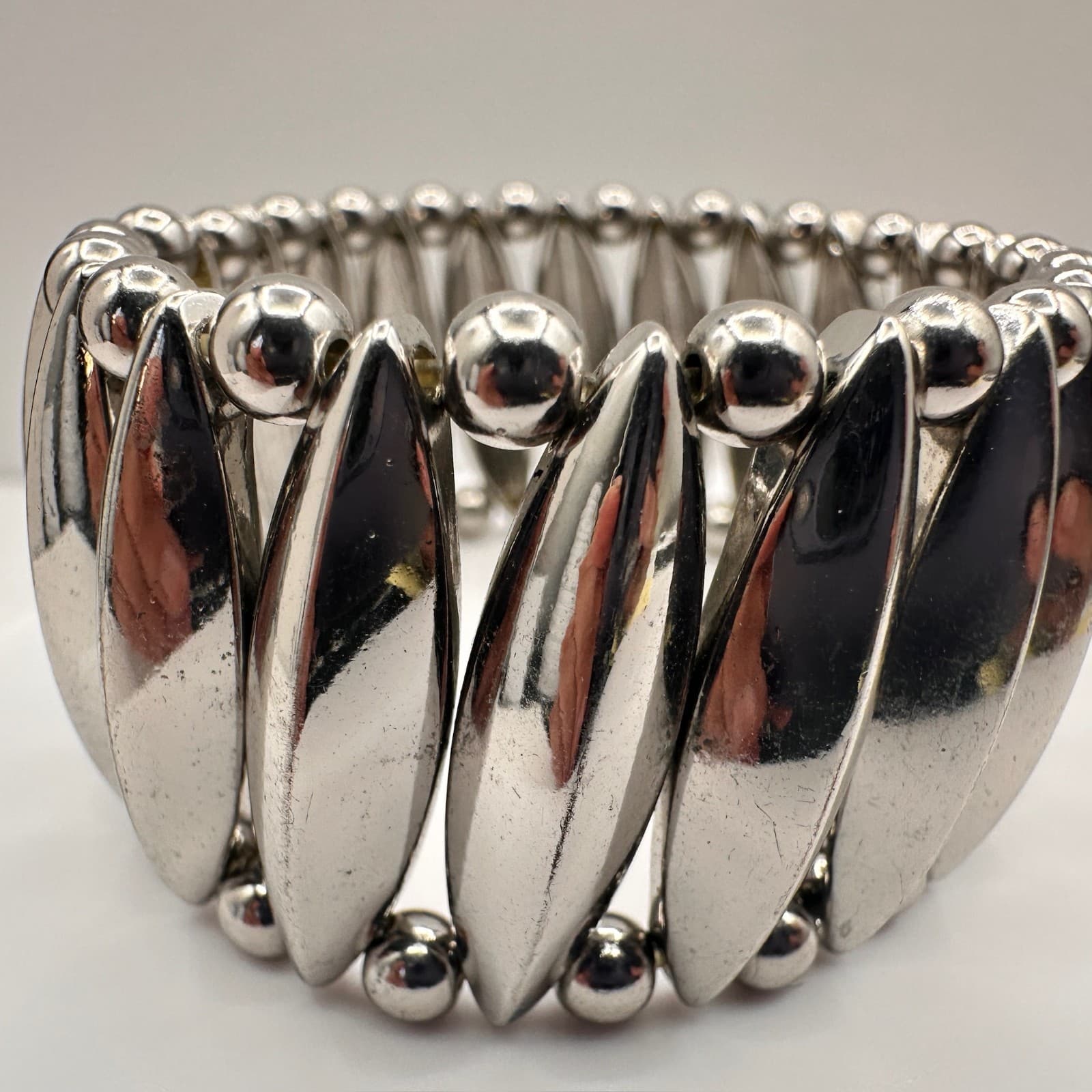 Vintage Y2K 90s Silver Tone Stretch Bracelet Chunky Mächtiges Armband Jewelry - Thumbnail 5