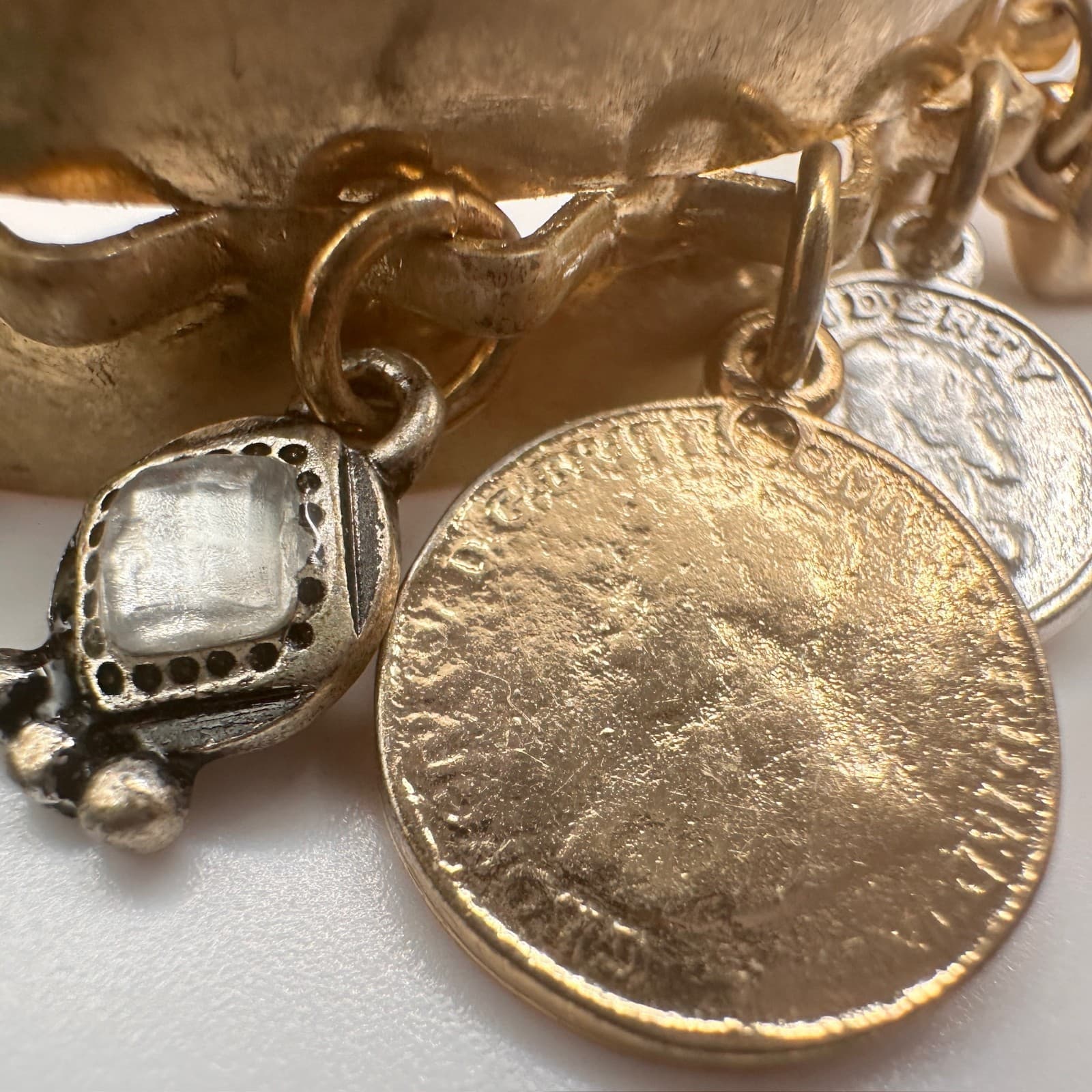 Vintage 90s Boho Gold Tone Hand Bracelet Charms Tassels Peace Sun Coins Jewelry - Thumbnail 7