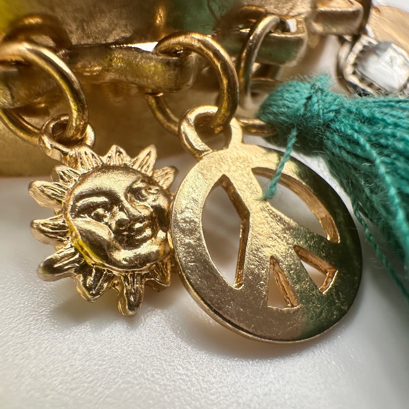 Vintage 90s Boho Gold Tone Hand Bracelet Charms Tassels Peace Sun Coins Jewelry - Thumbnail 11