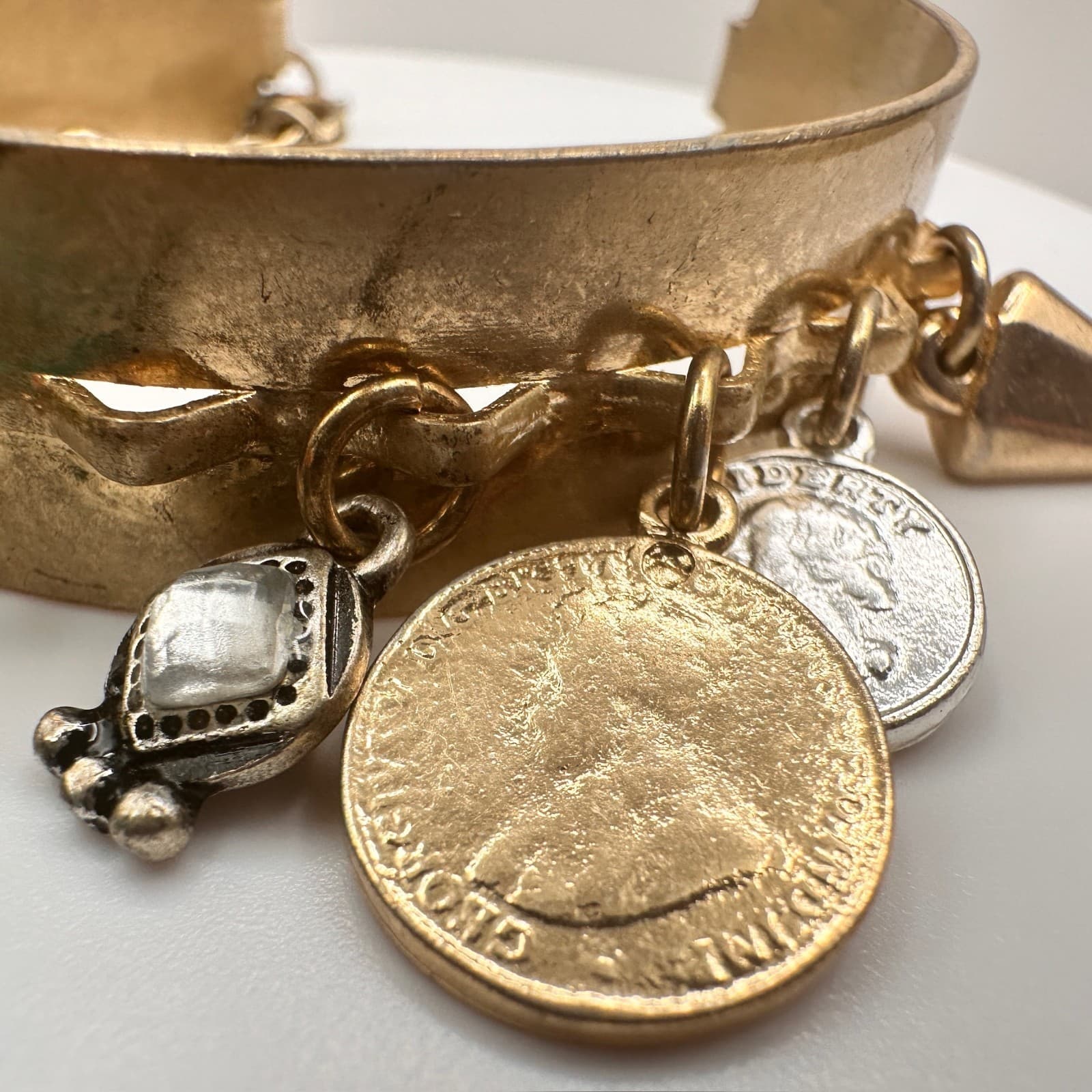 Vintage 90s Boho Gold Tone Hand Bracelet Charms Tassels Peace Sun Coins Jewelry - Thumbnail 6