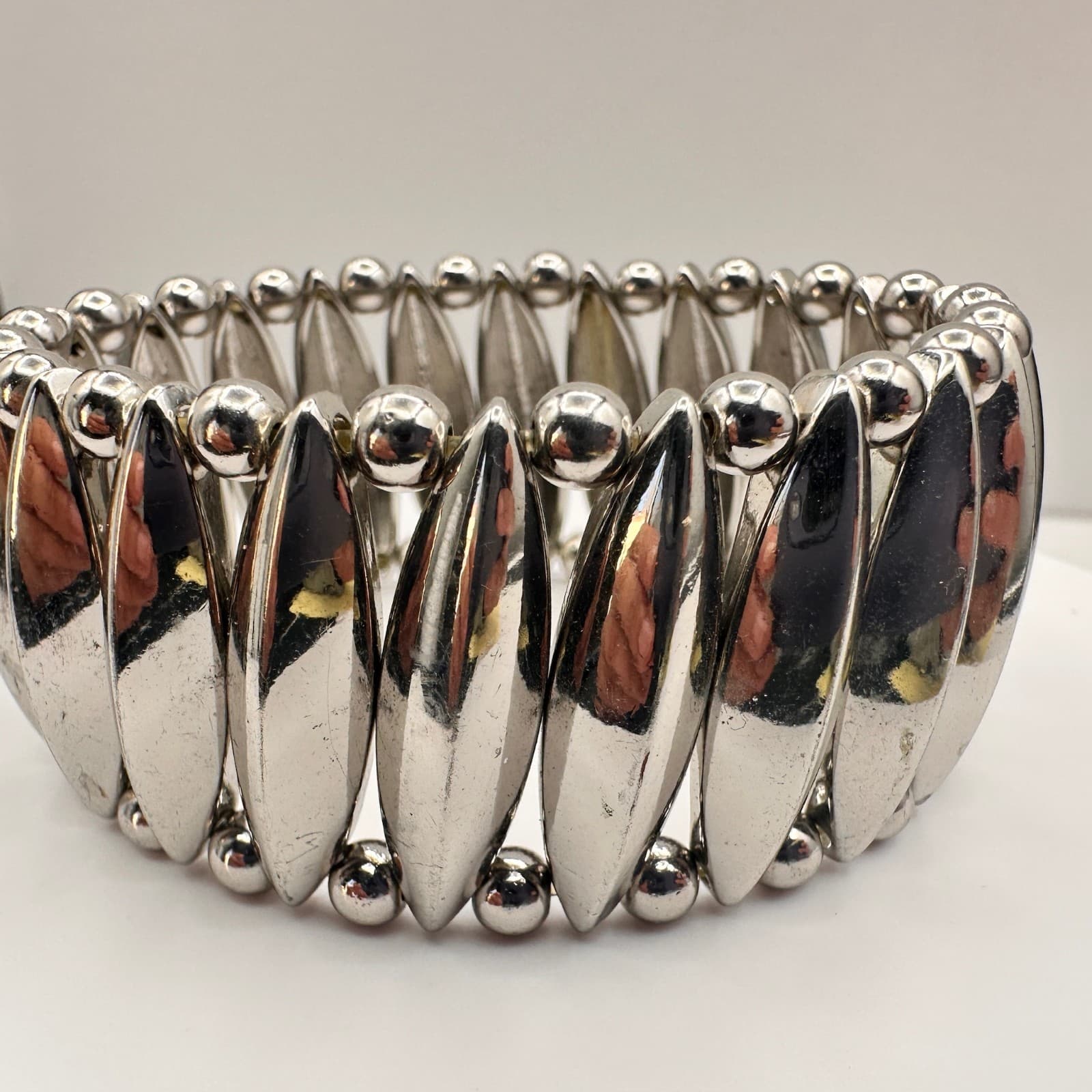 Vintage Y2K 90s Silver Tone Stretch Bracelet Chunky Mächtiges Armband Jewelry - Thumbnail 3