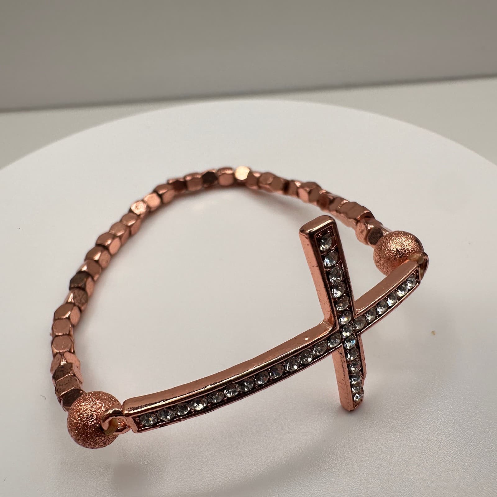 Vintage Y2K Rose Gold Tone Sideways Cross Bracelet Clear Rhinestone Beaded - Thumbnail 4