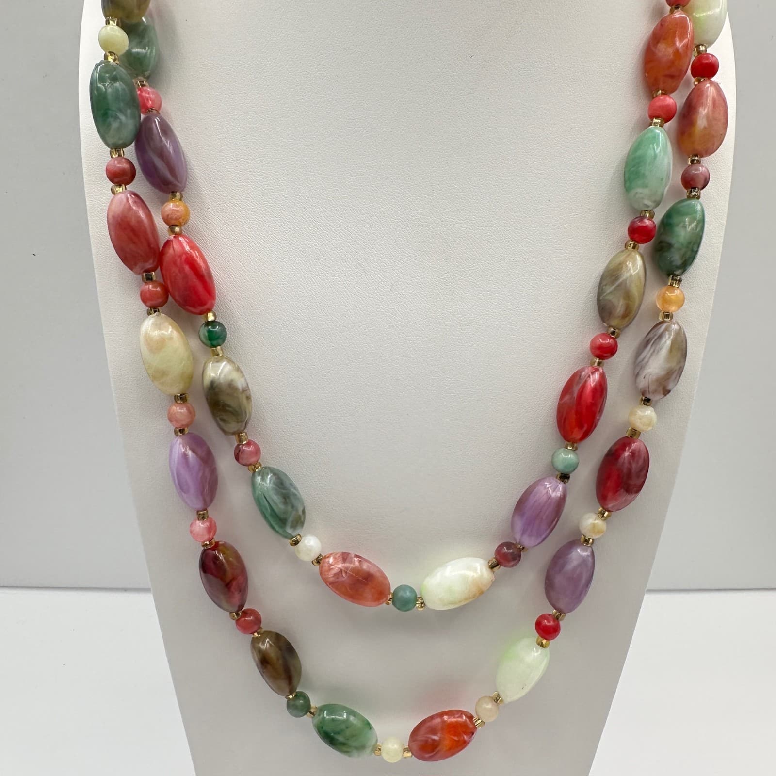 Vintage 80s Marbled Bead Double Strand Fashion Necklace Statement Jewelry - Thumbnail 10
