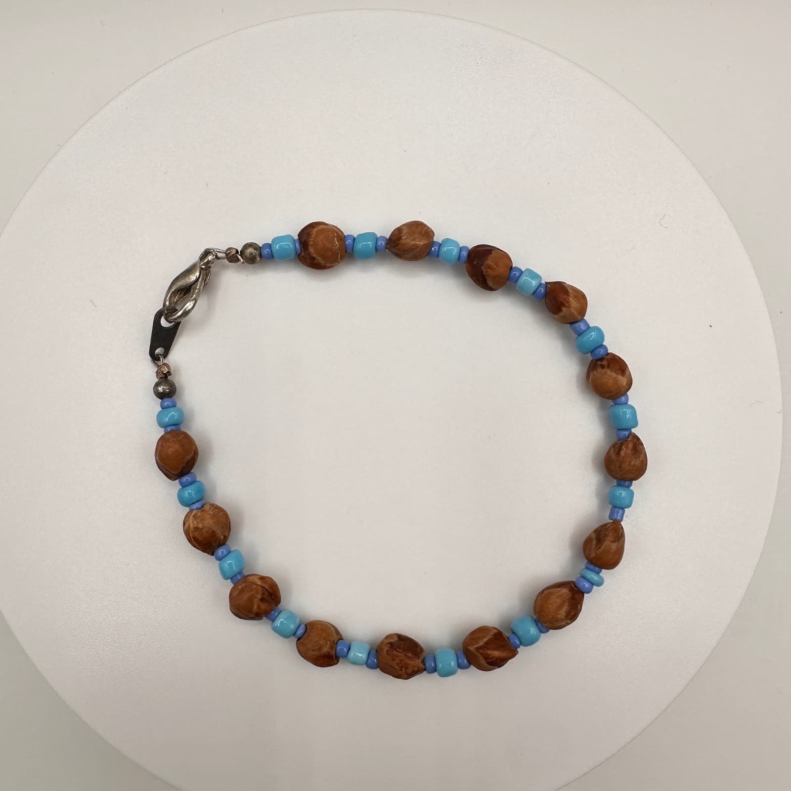 Vintage Y2K Beaded Bracelet Blue Seed Beads Brown Natural Nut Wood Boho Jewelry - Thumbnail 4