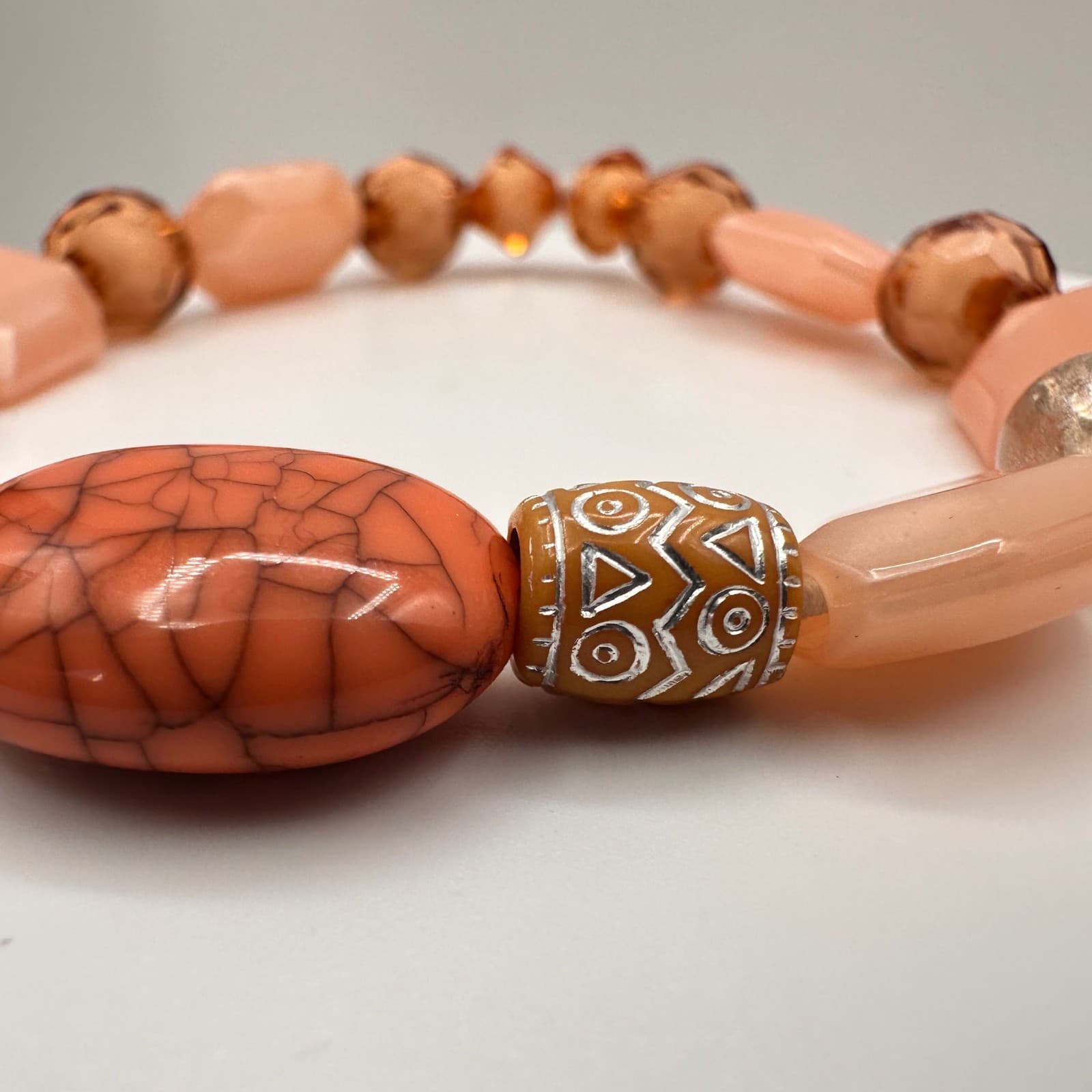 Vintage 90s Beaded Stretch Bracelet Orange Faux Turquoise Peach Glass Jewelry - Thumbnail 6