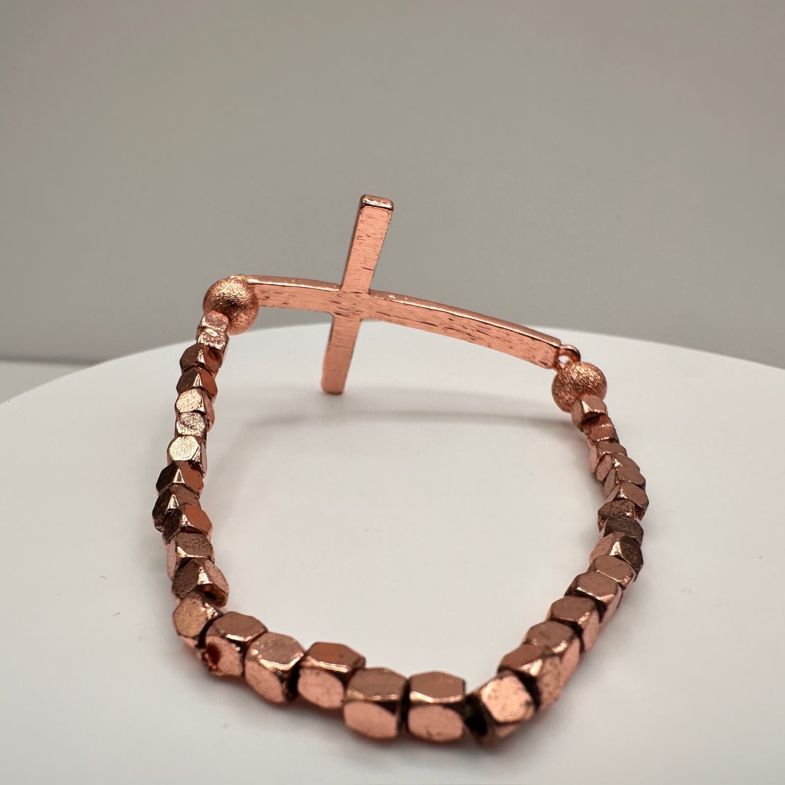 Vintage Y2K Rose Gold Tone Sideways Cross Bracelet Clear Rhinestone Beaded - Thumbnail 7