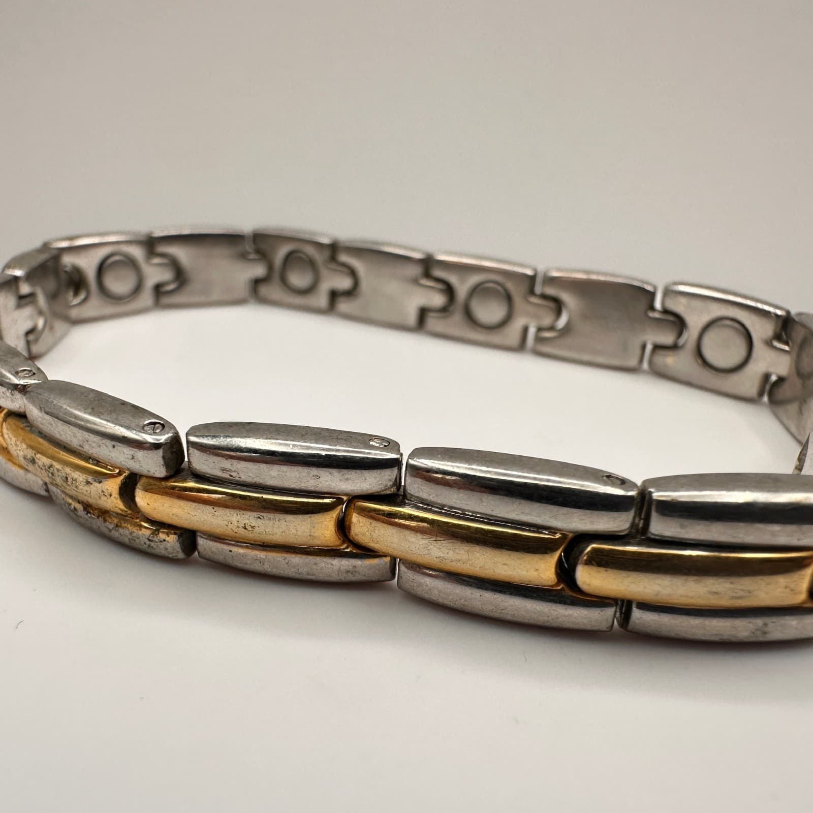 Vintage 80s Magnetic Therapy Bracelet Silver & Gold Tone Link Statement Mens - Thumbnail 3