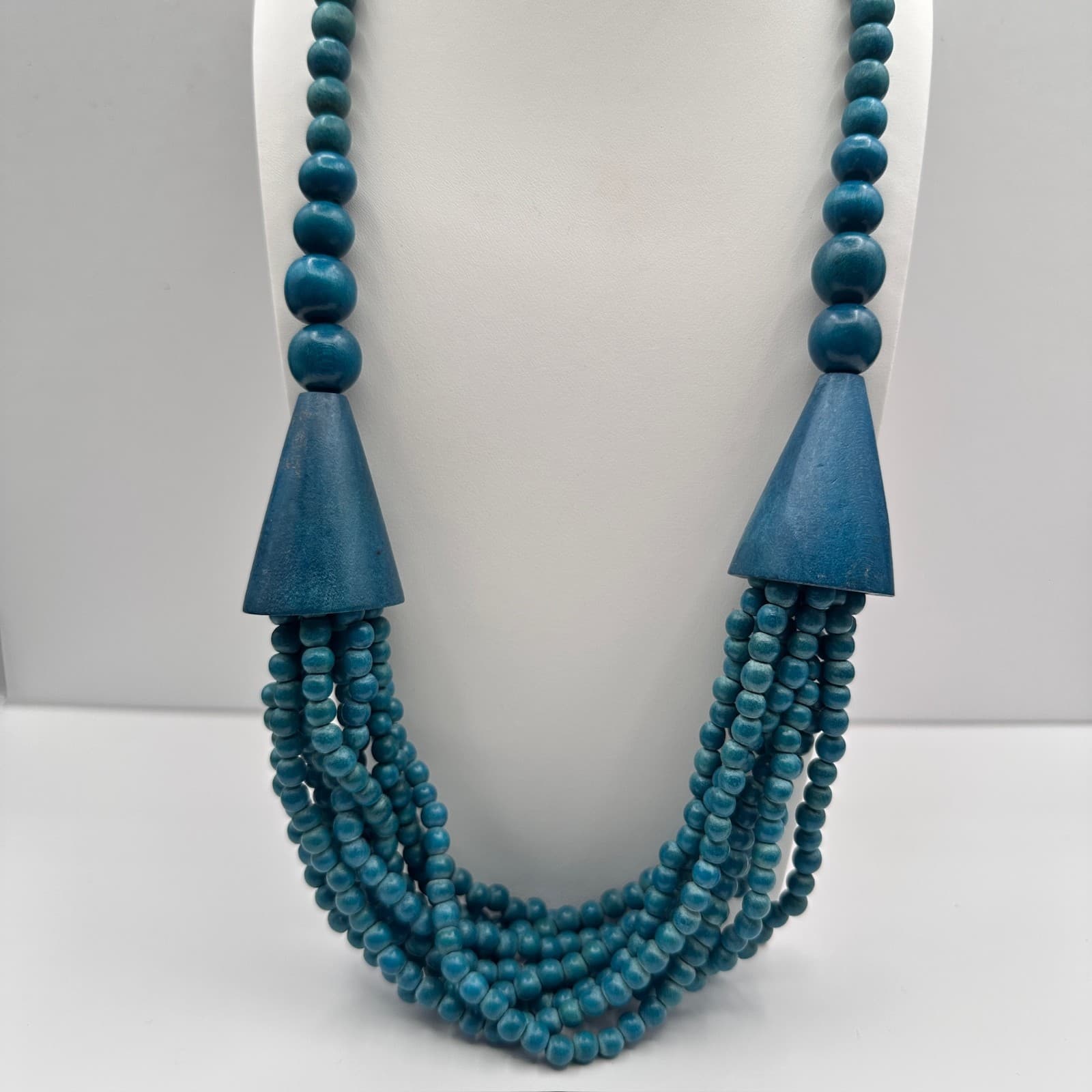 Vintage 80s Blue Wood Bead Multi Strand Statement Necklace Jewelry - Thumbnail 2