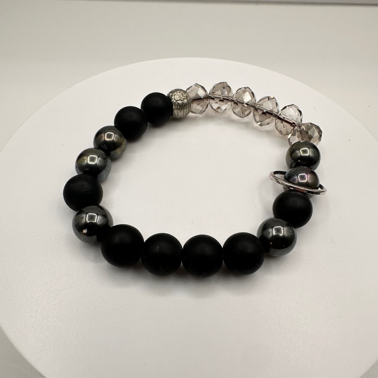 Vintage 80s Black Onyx Hematite Smoky Quartz Beaded Stretch Bracelet Boho - Image 1