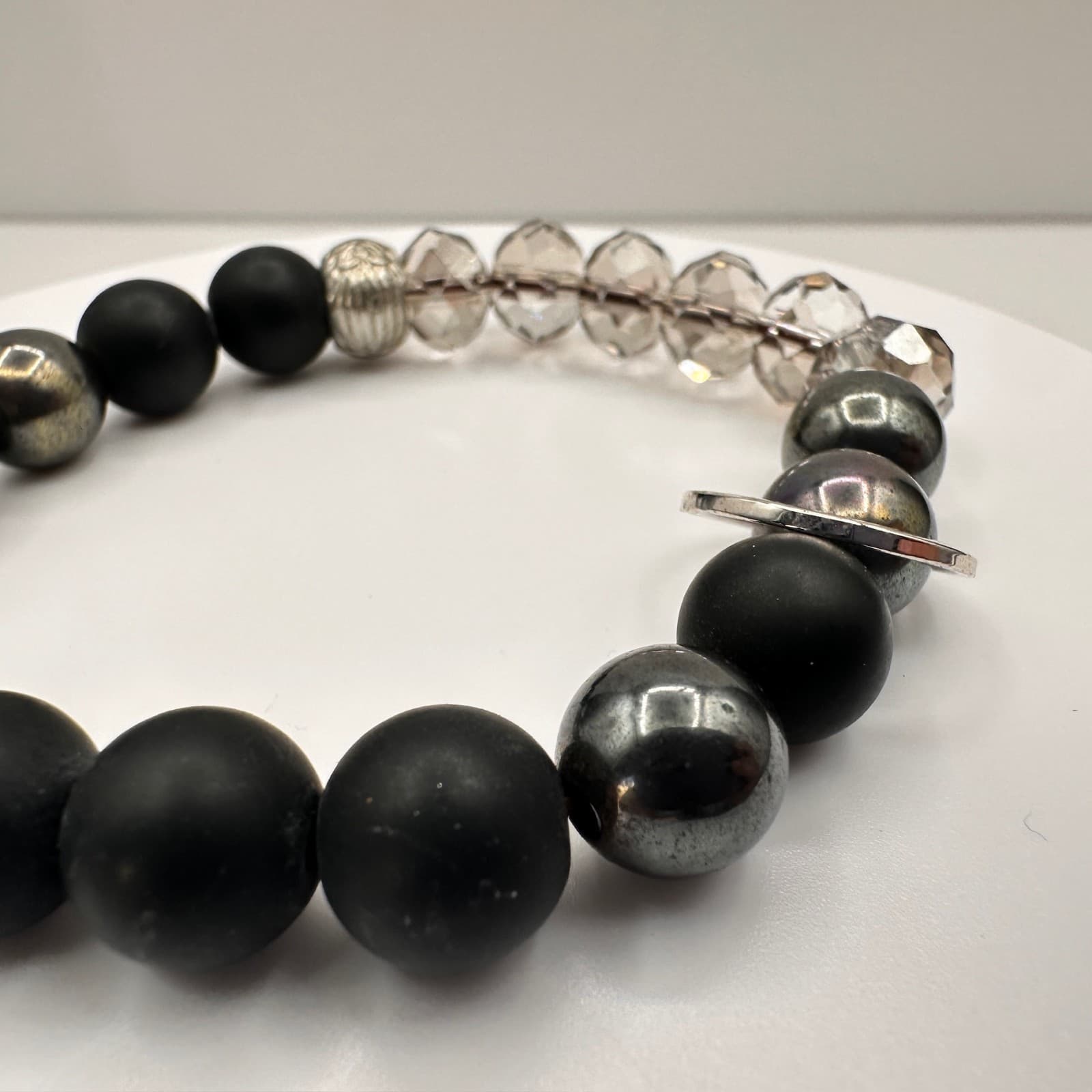 Vintage 80s Black Onyx Hematite Smoky Quartz Beaded Stretch Bracelet Boho - Thumbnail 4
