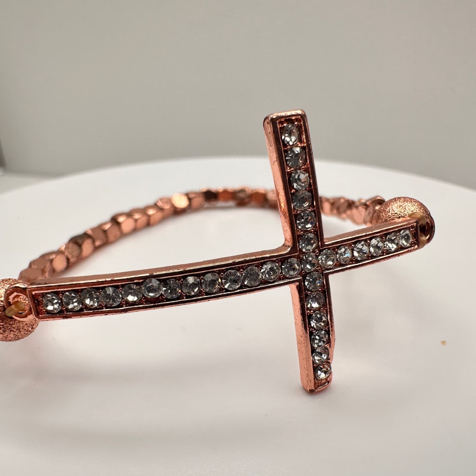 Vintage Y2K Rose Gold Tone Sideways Cross Bracelet Clear Rhinestone Beaded - Thumbnail 3
