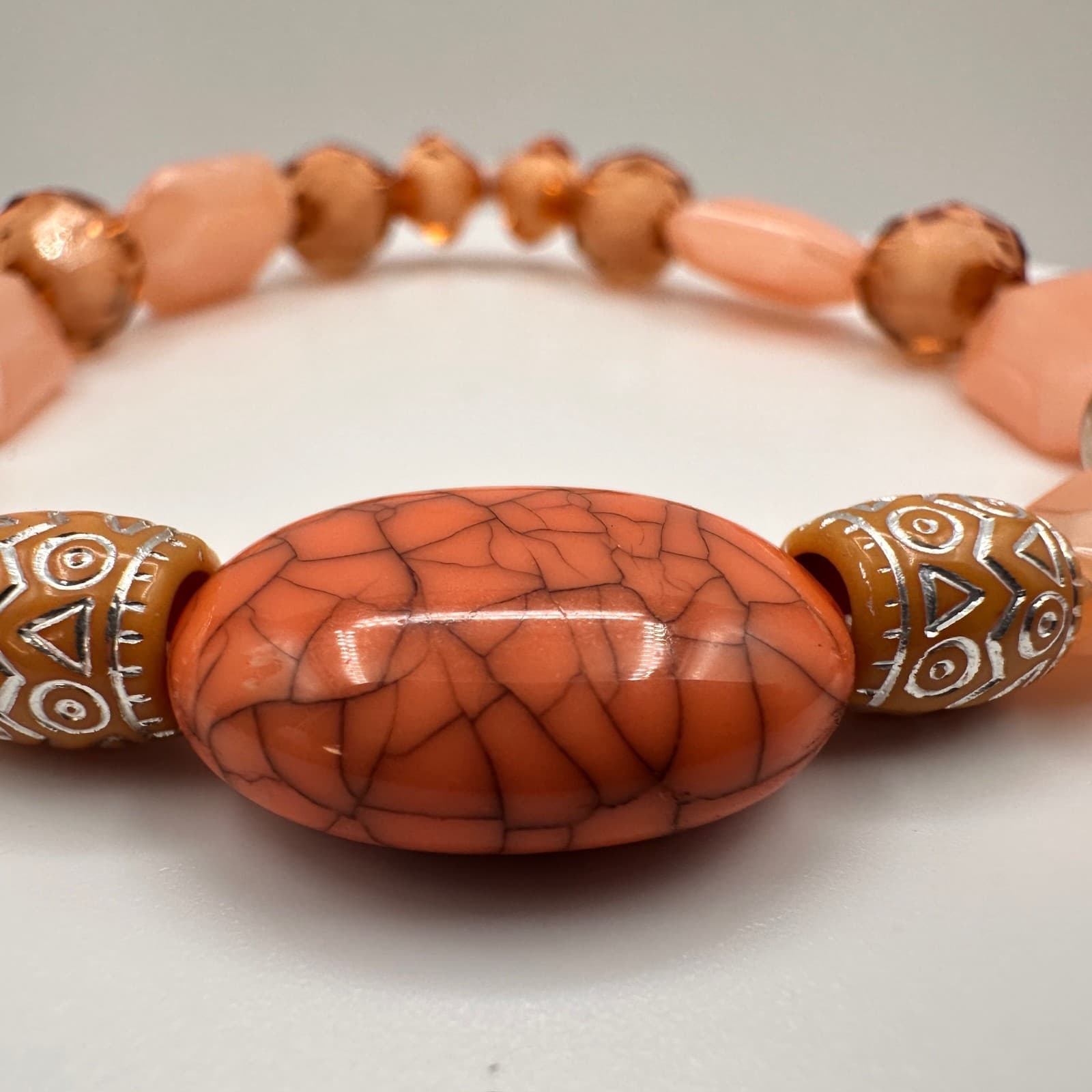 Vintage 90s Beaded Stretch Bracelet Orange Faux Turquoise Peach Glass Jewelry - Thumbnail 5