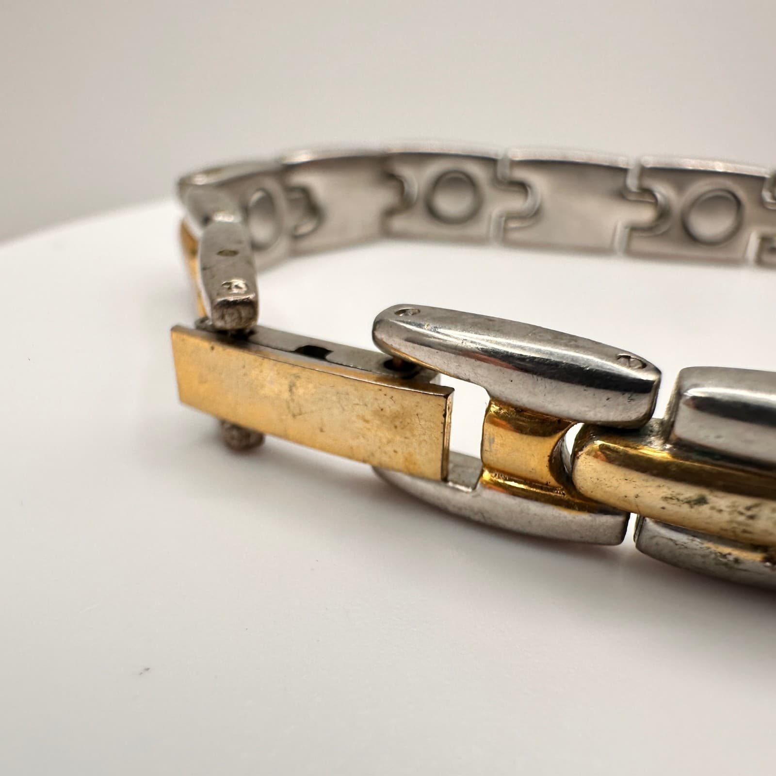 Vintage 80s Magnetic Therapy Bracelet Silver & Gold Tone Link Statement Mens - Thumbnail 5