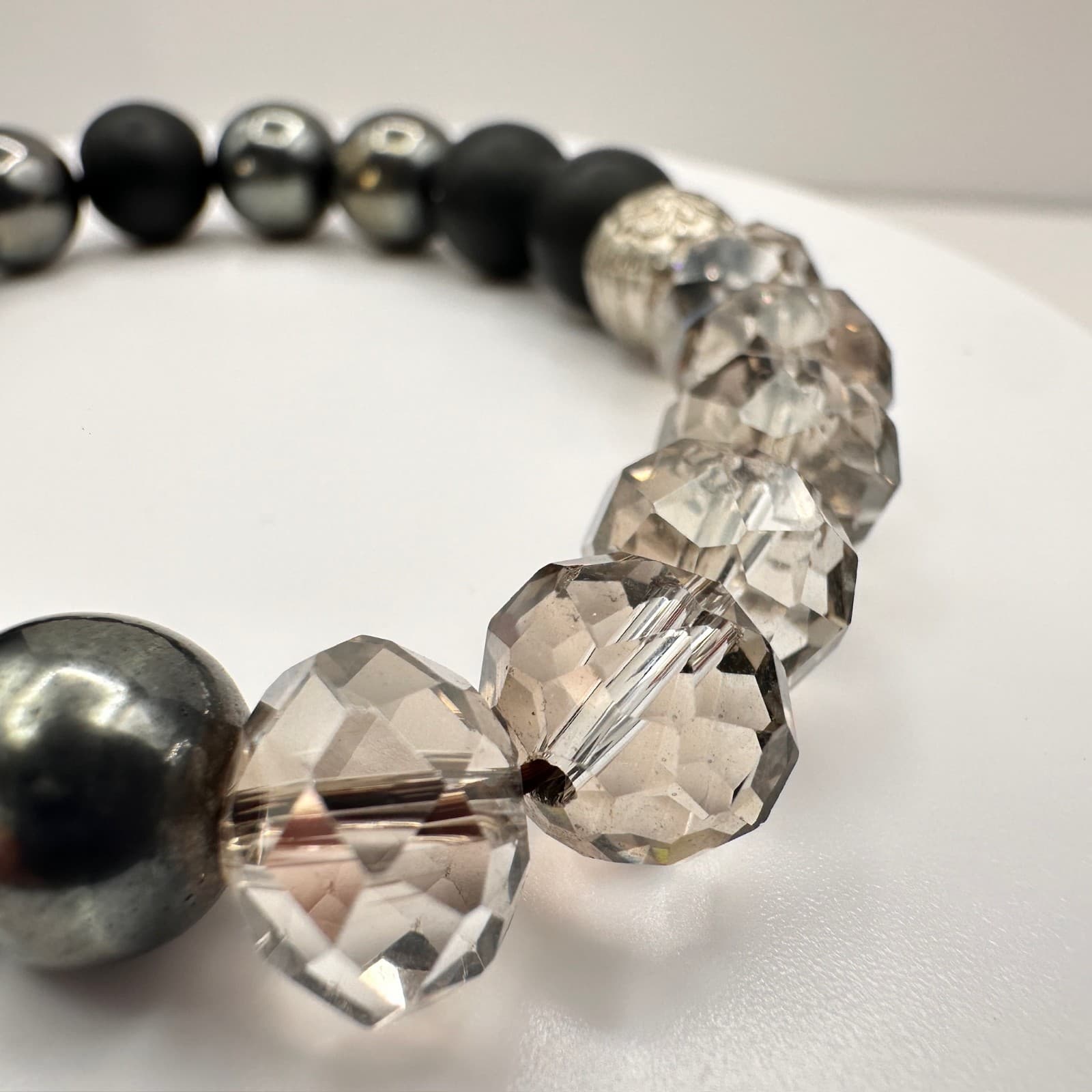 Vintage 80s Black Onyx Hematite Smoky Quartz Beaded Stretch Bracelet Boho - Thumbnail 6