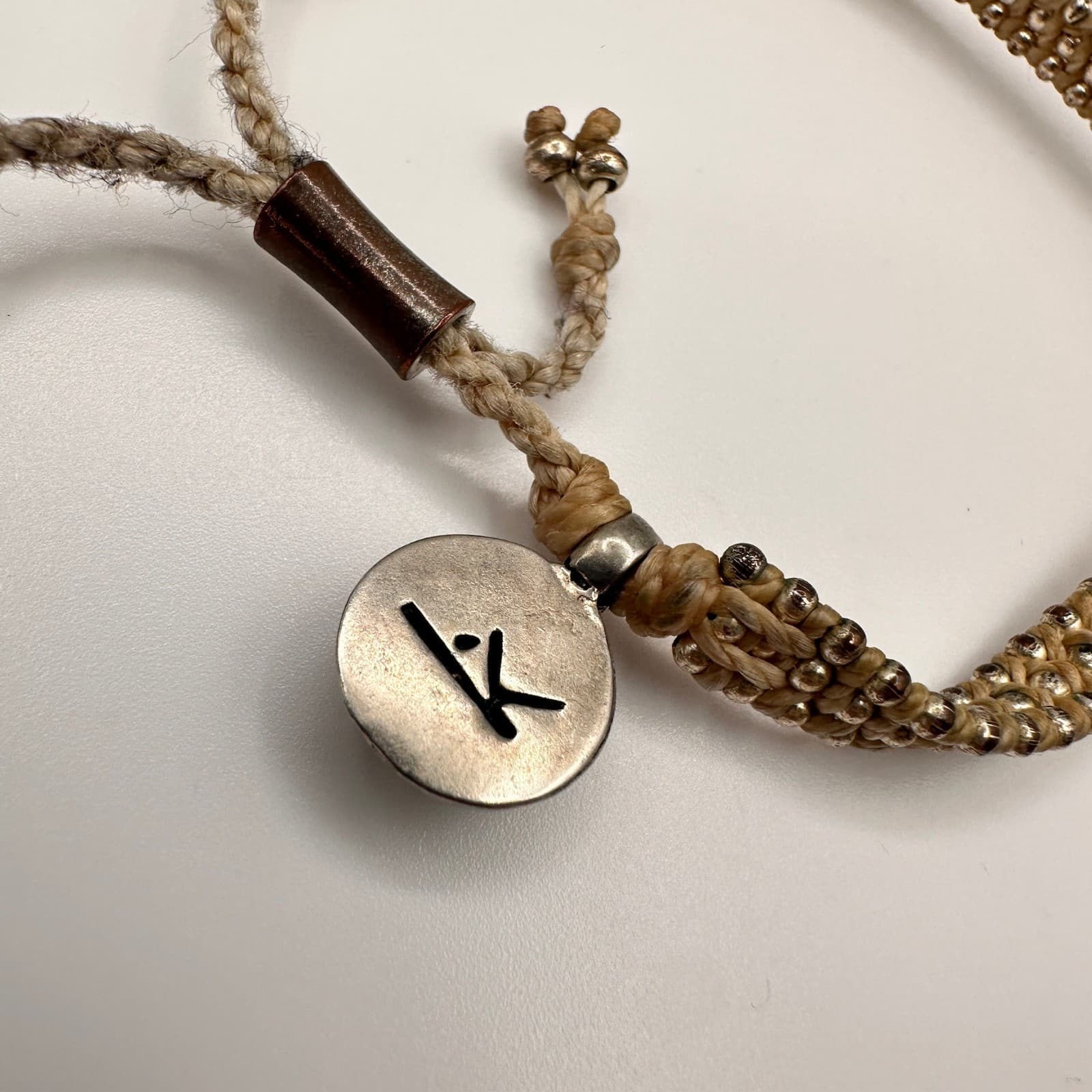 Vintage 90s Beaded Braided War Kiss Bracelets Silver Tone Charm Adjustable - Thumbnail 2