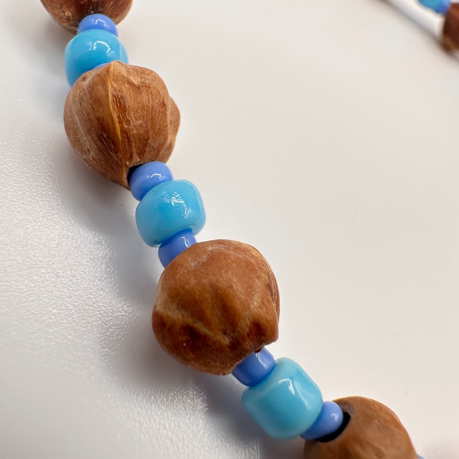 Vintage Y2K Beaded Bracelet Blue Seed Beads Brown Natural Nut Wood Boho Jewelry - Thumbnail 3