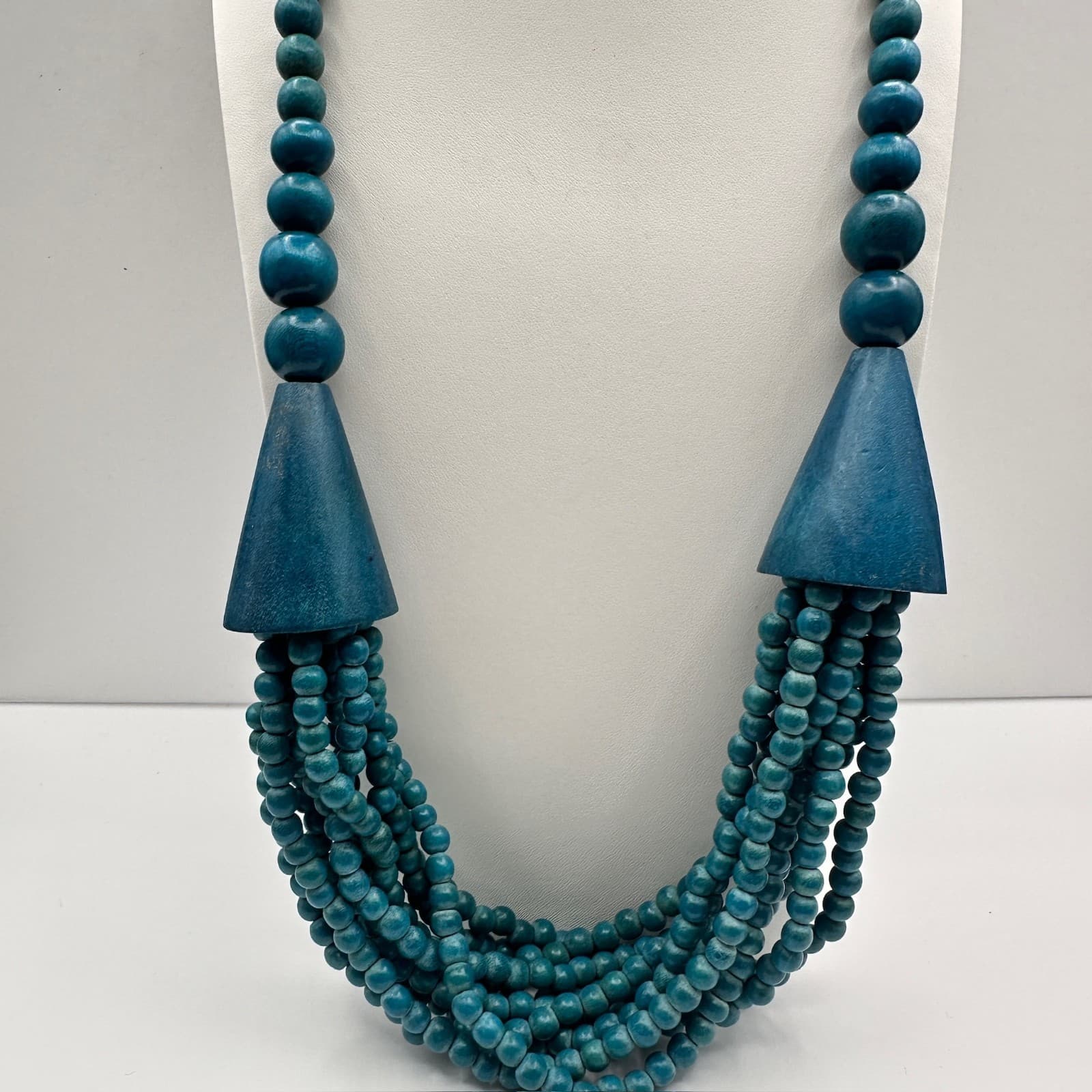 Vintage 80s Blue Wood Bead Multi Strand Statement Necklace Jewelry - Thumbnail 9