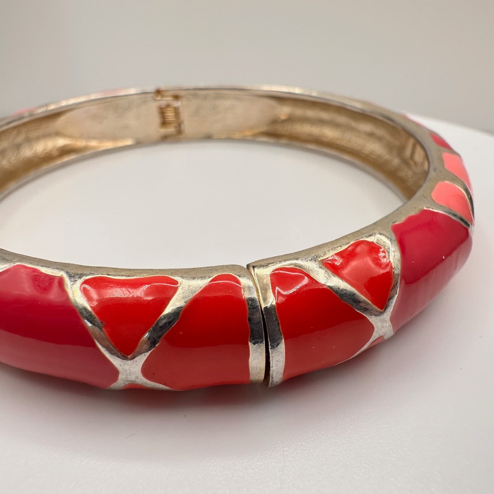 Vintage Y2K Pink & Red Enamel Bracelet Silver Tone Geometric Statement Jewelry - Thumbnail 7