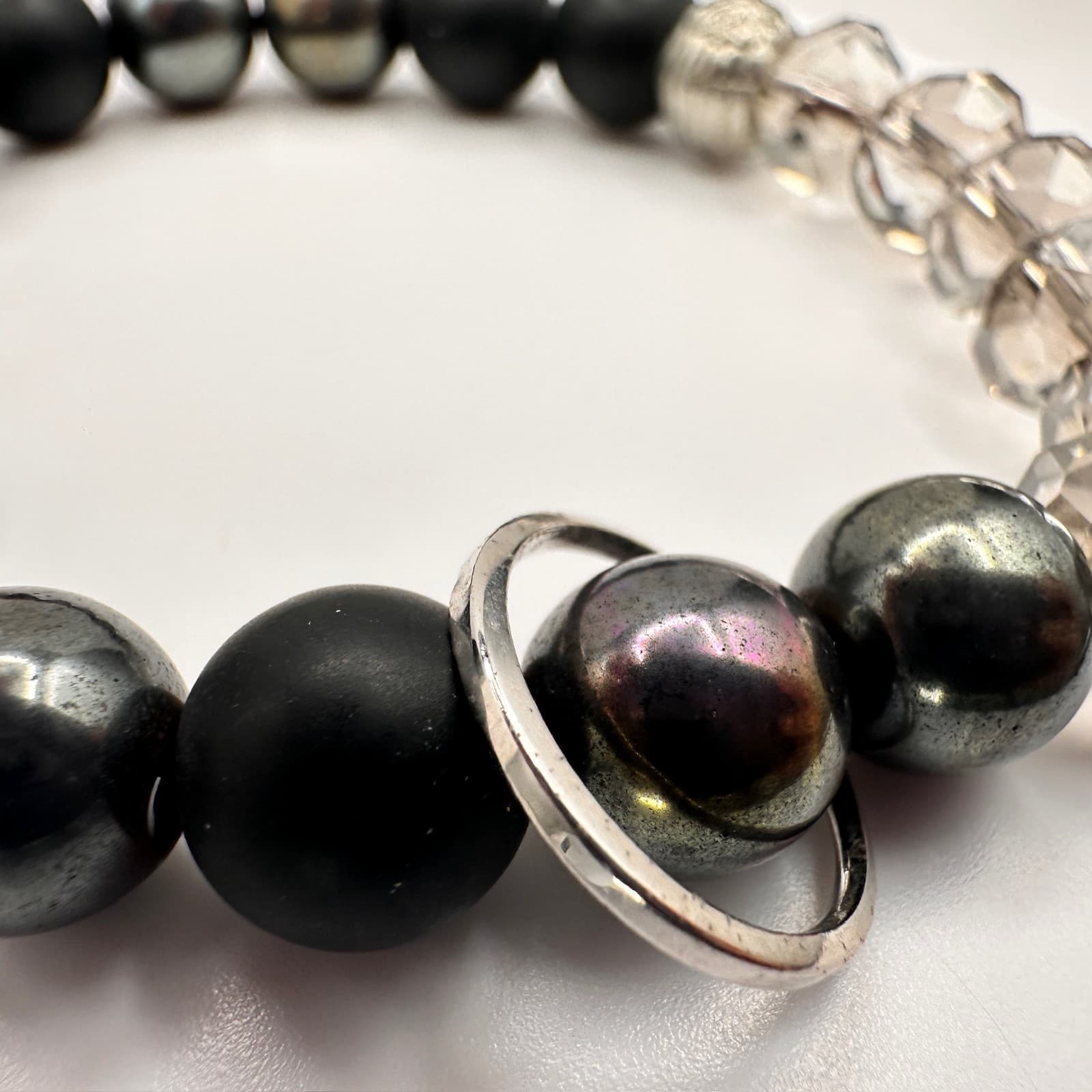 Vintage 80s Black Onyx Hematite Smoky Quartz Beaded Stretch Bracelet Boho - Thumbnail 7
