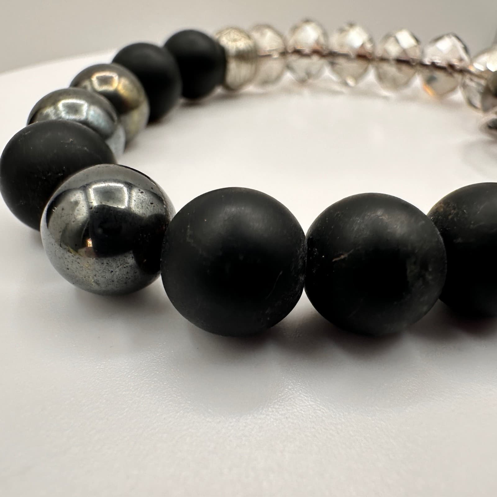 Vintage 80s Black Onyx Hematite Smoky Quartz Beaded Stretch Bracelet Boho - Thumbnail 3