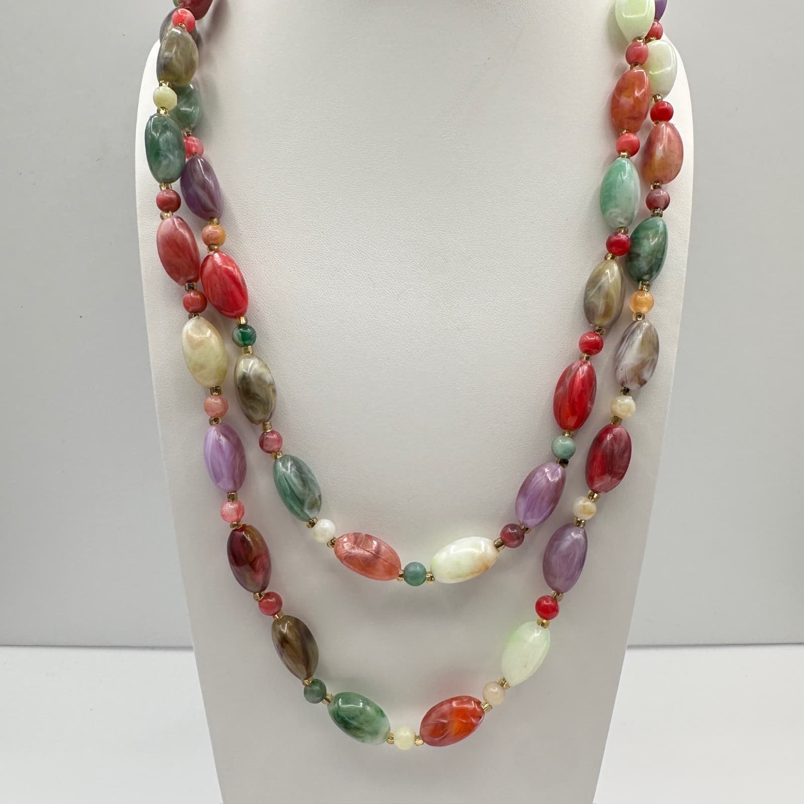 Vintage 80s Marbled Bead Double Strand Fashion Necklace Statement Jewelry - Image 1