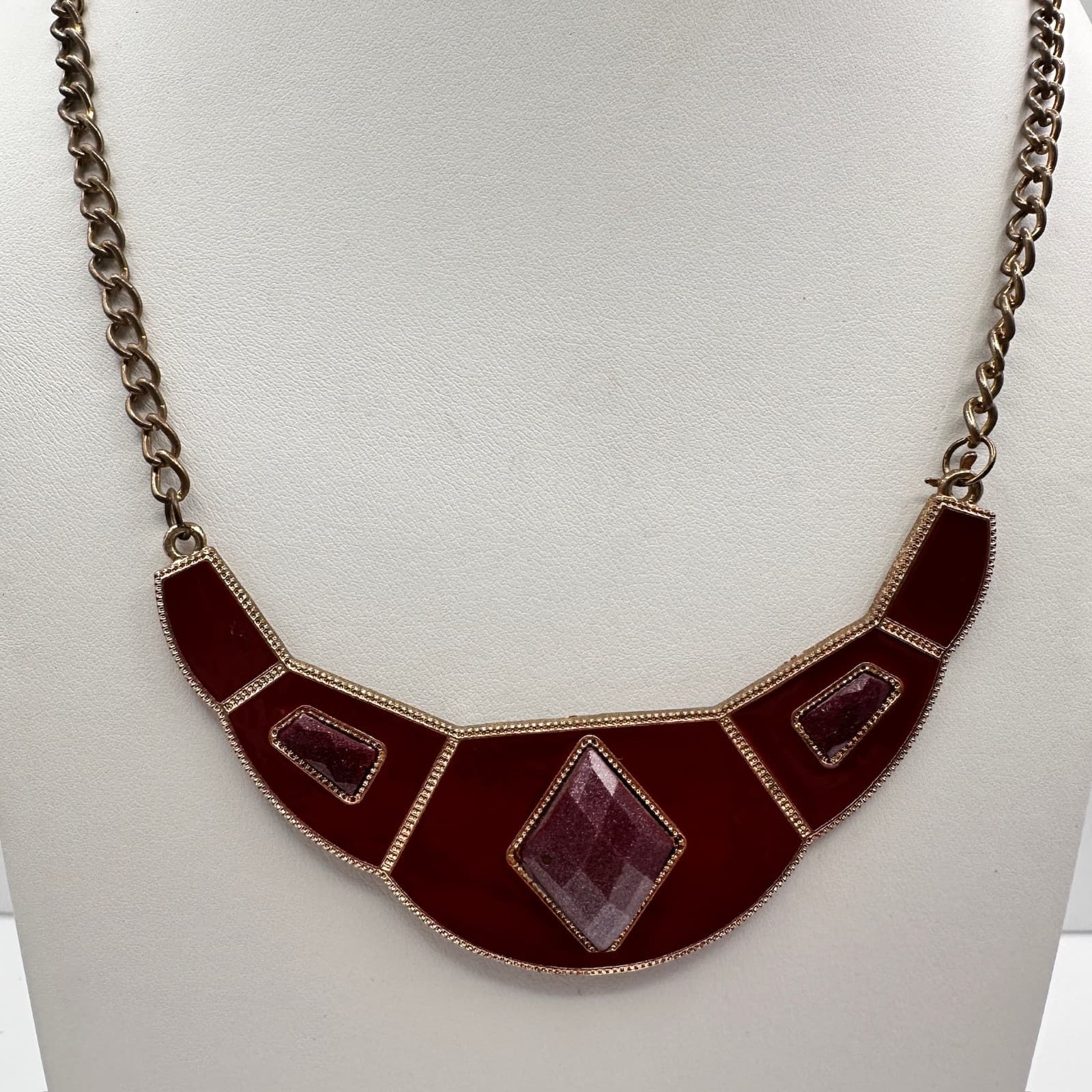 Vintage 90s Statement Bib Necklace Red Geometric Faceted Stones Fashion Jewelry - Image 1