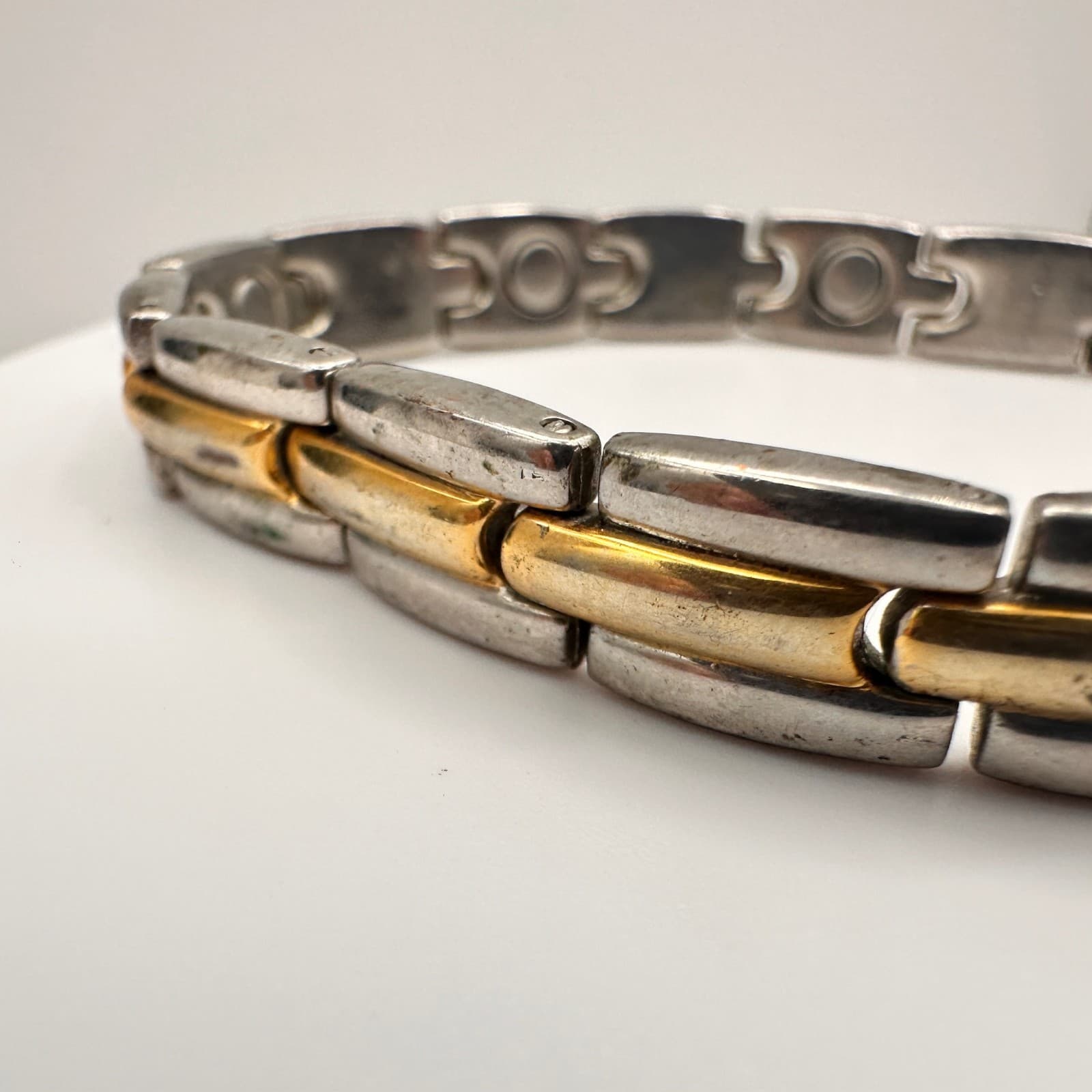 Vintage 80s Magnetic Therapy Bracelet Silver & Gold Tone Link Statement Mens - Thumbnail 7