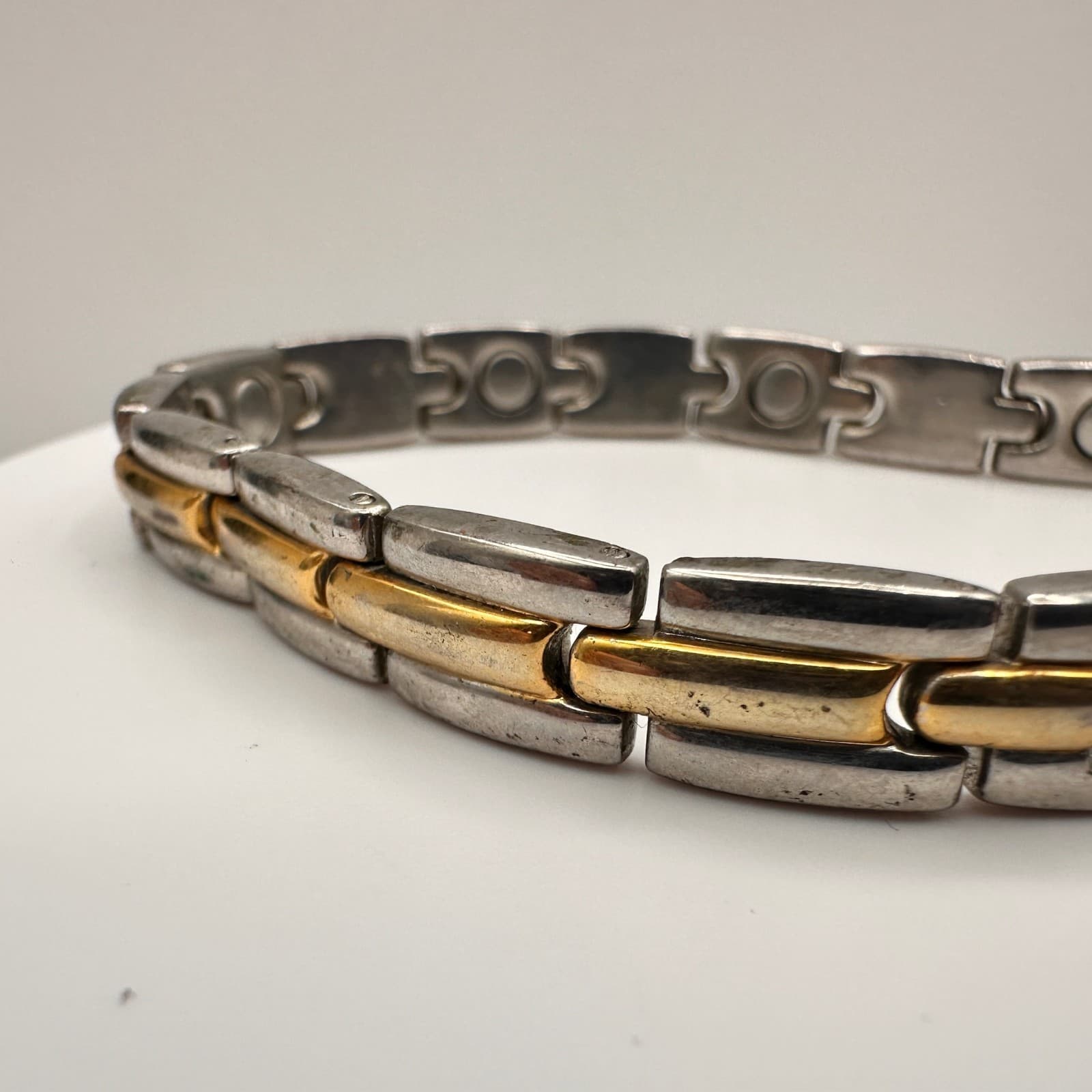 Vintage 80s Magnetic Therapy Bracelet Silver & Gold Tone Link Statement Mens - Thumbnail 6