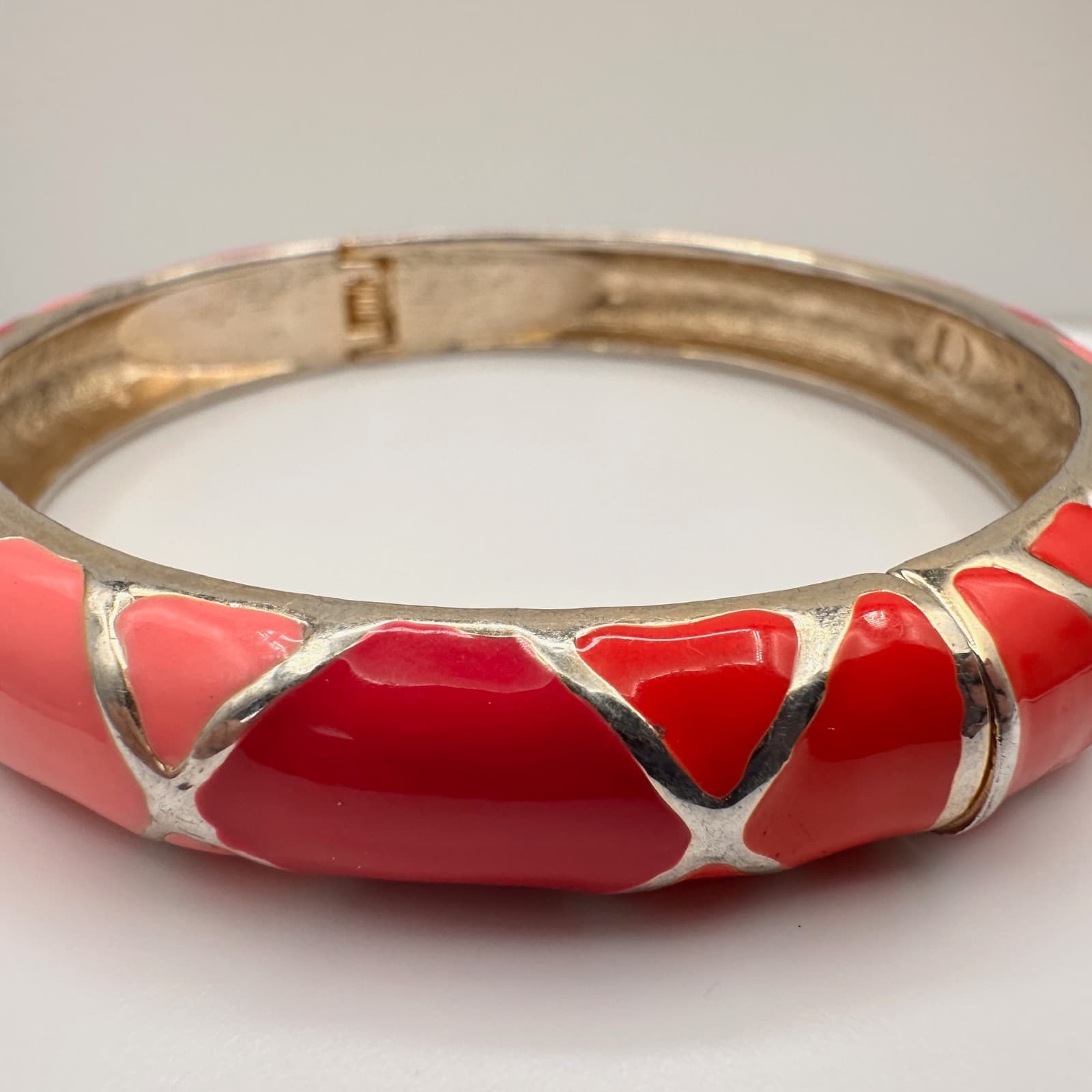 Vintage Y2K Pink & Red Enamel Bracelet Silver Tone Geometric Statement Jewelry - Thumbnail 6